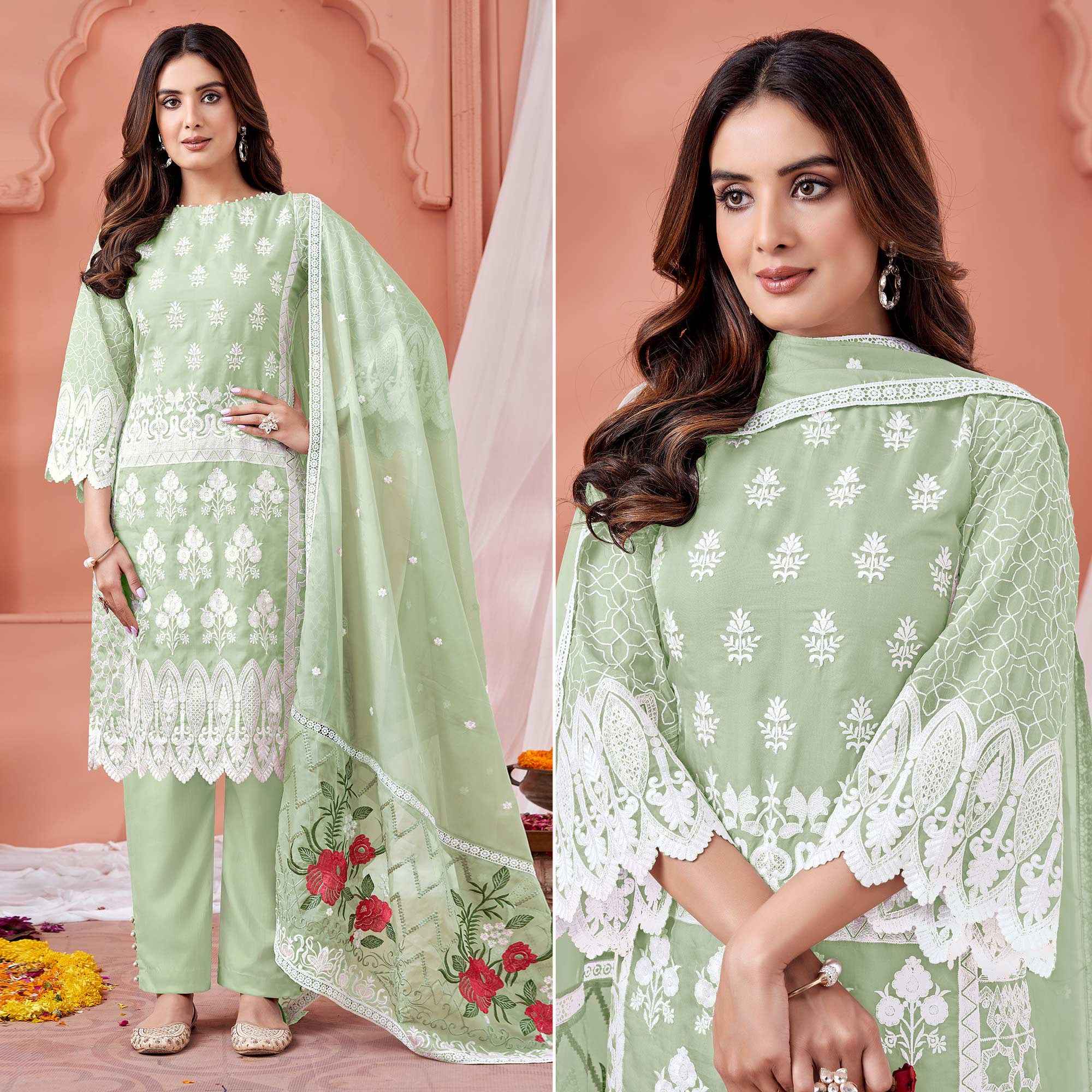 Green Floral Embroidered Organza Semi Stitched Suit