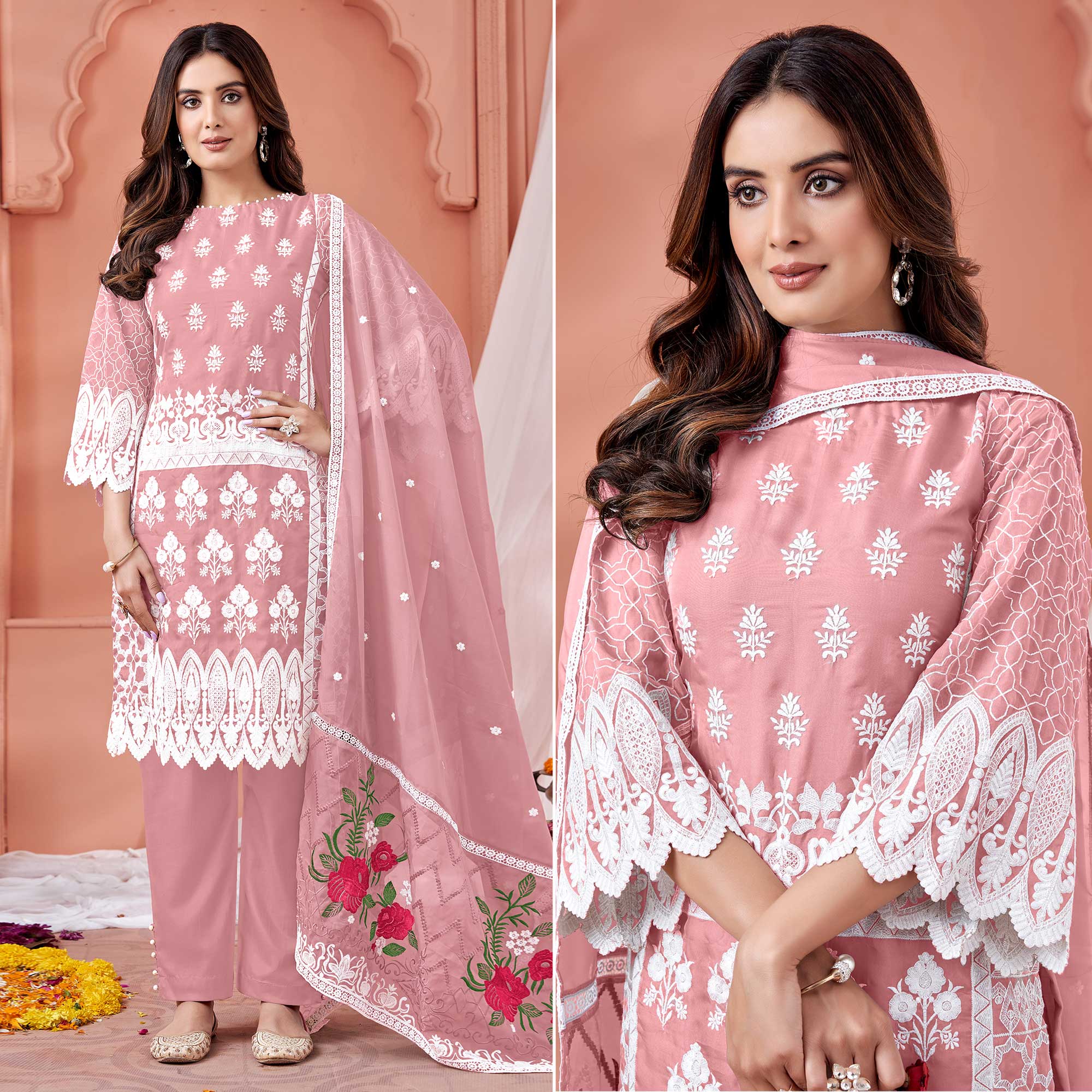 Peach Floral Embroidered Organza Semi Stitched Suit