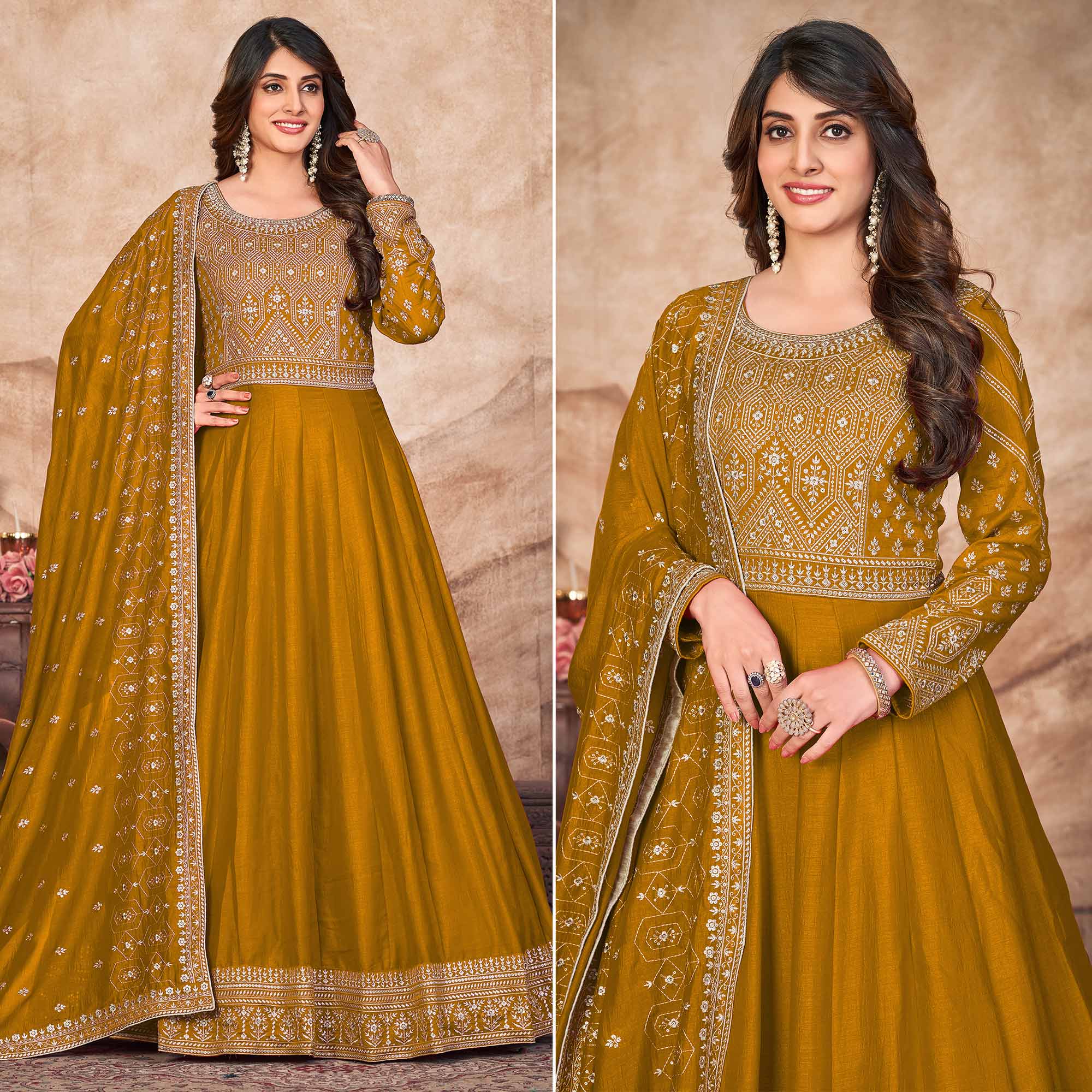 Mustard Embroidered Art Silk Semi Stitched Anarkali Suit
