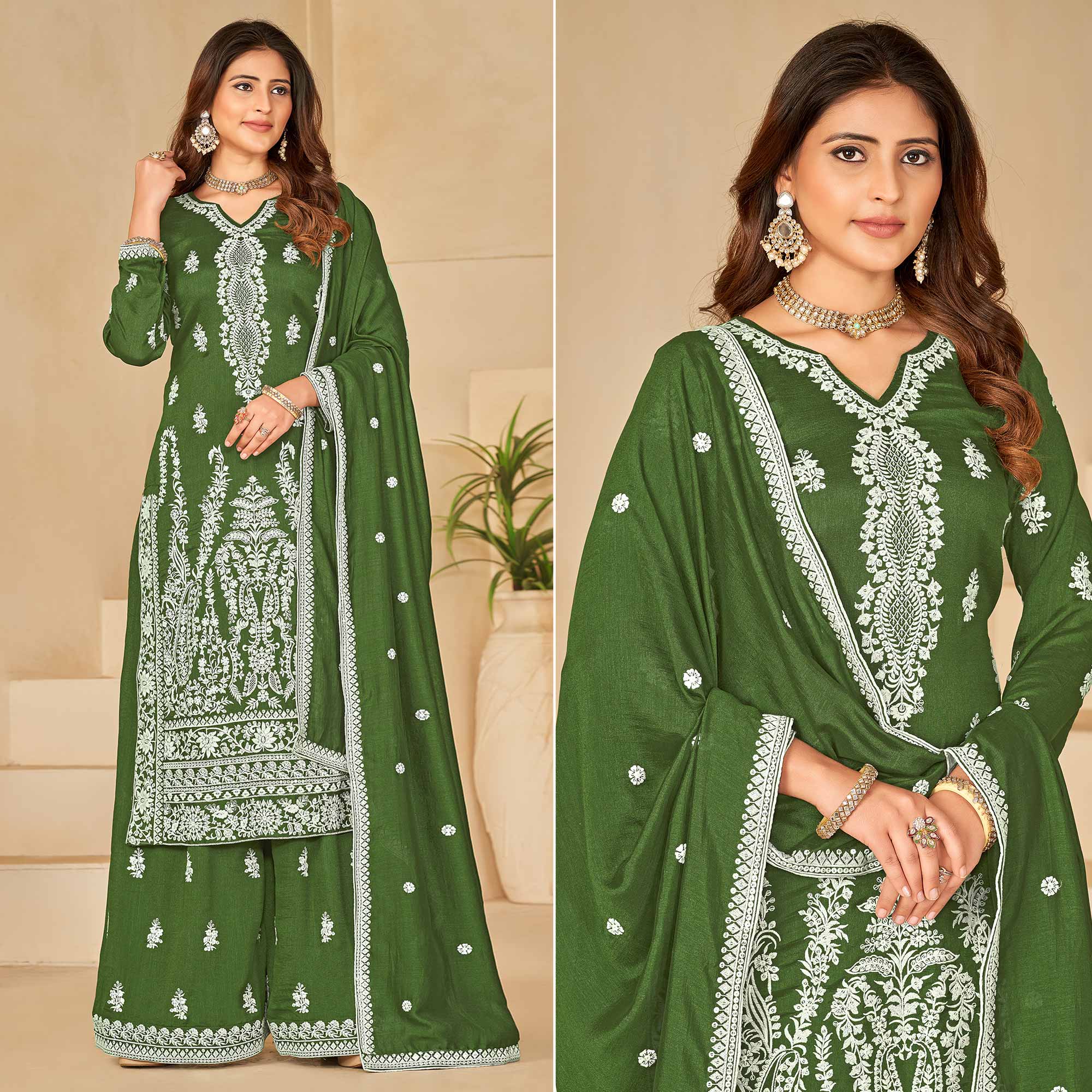Green Floral Embroidered Art Silk Semi Stitched Palazzo Suit