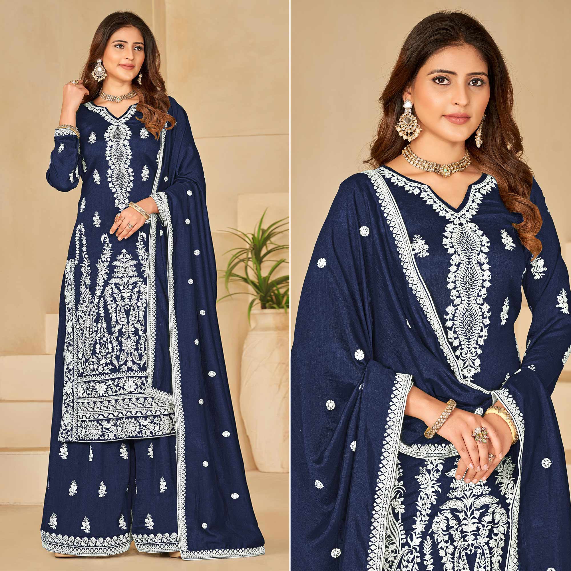 Blue Floral Embroidered Art Silk Semi Stitched Palazzo Suit