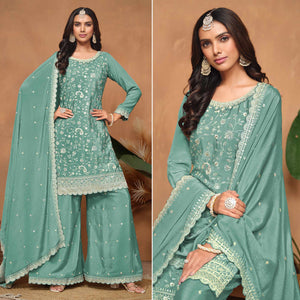 Blue Floral Sequins Embroidered Chinon Semi Stitched Palazzo Suit