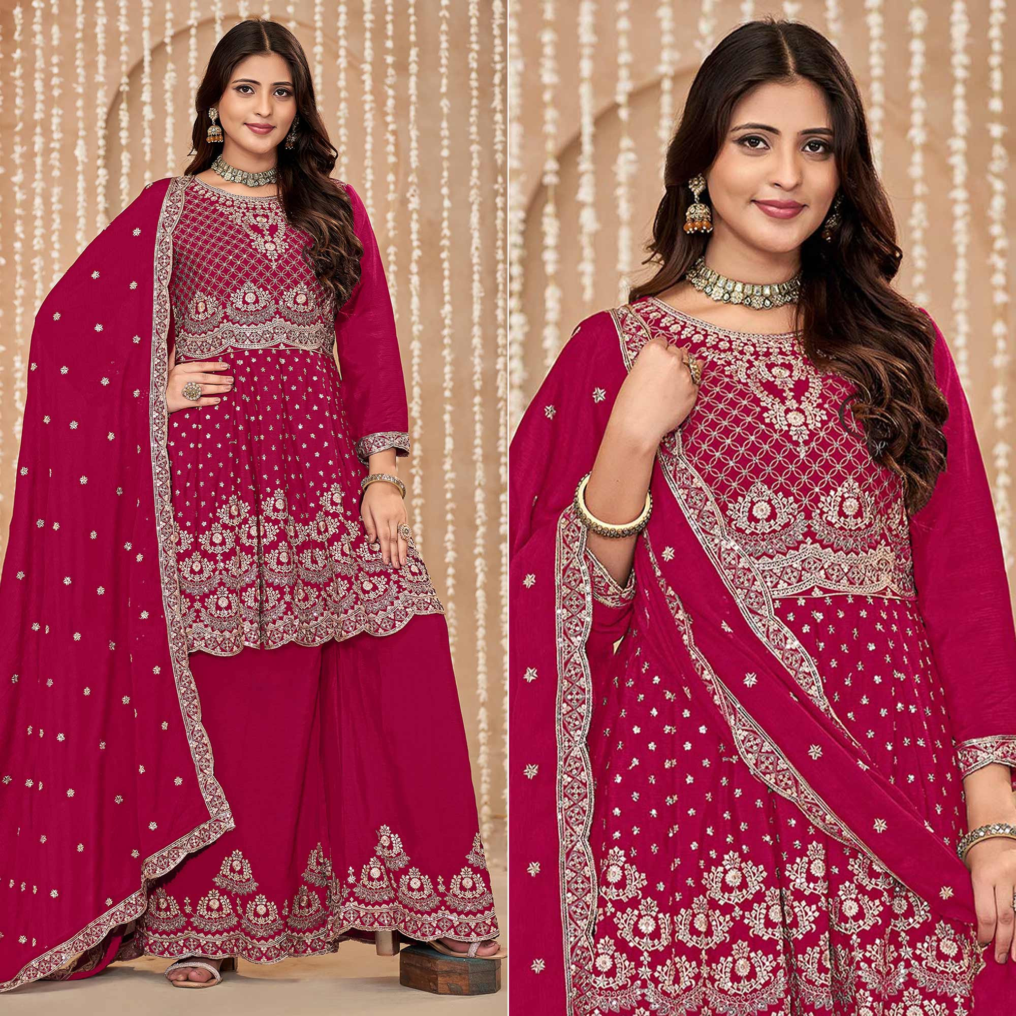Rani Pink Floral Sequins Embroidered Chinon Semi Stitched Sharara Suit