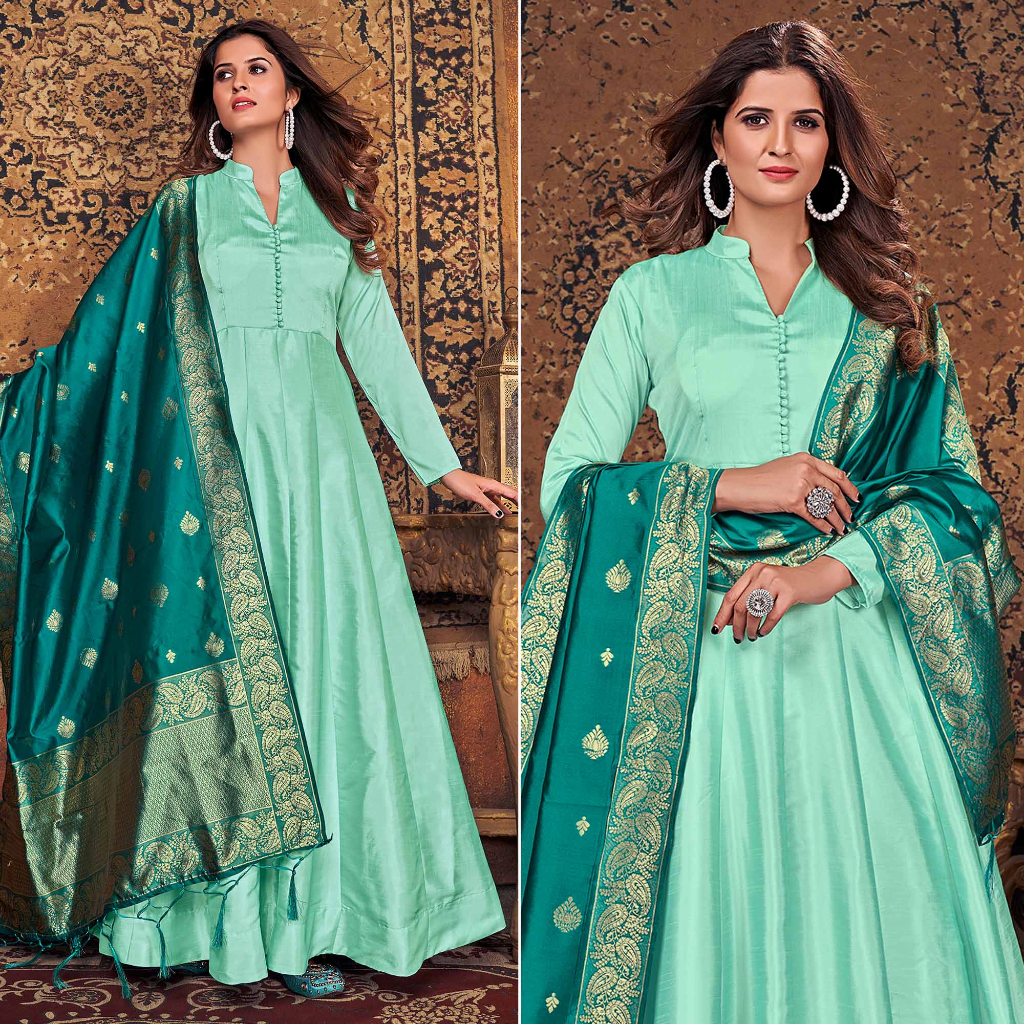 Turquoise Solid Art Silk Anarkali Suit