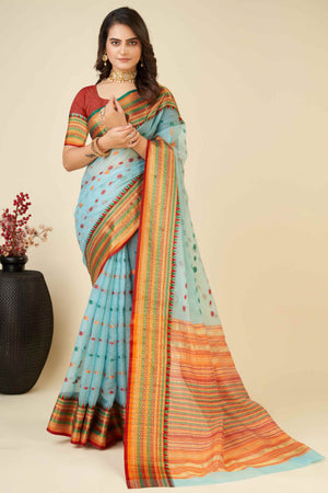 Sky Blue Zari Weaving Cotton Silk Saree