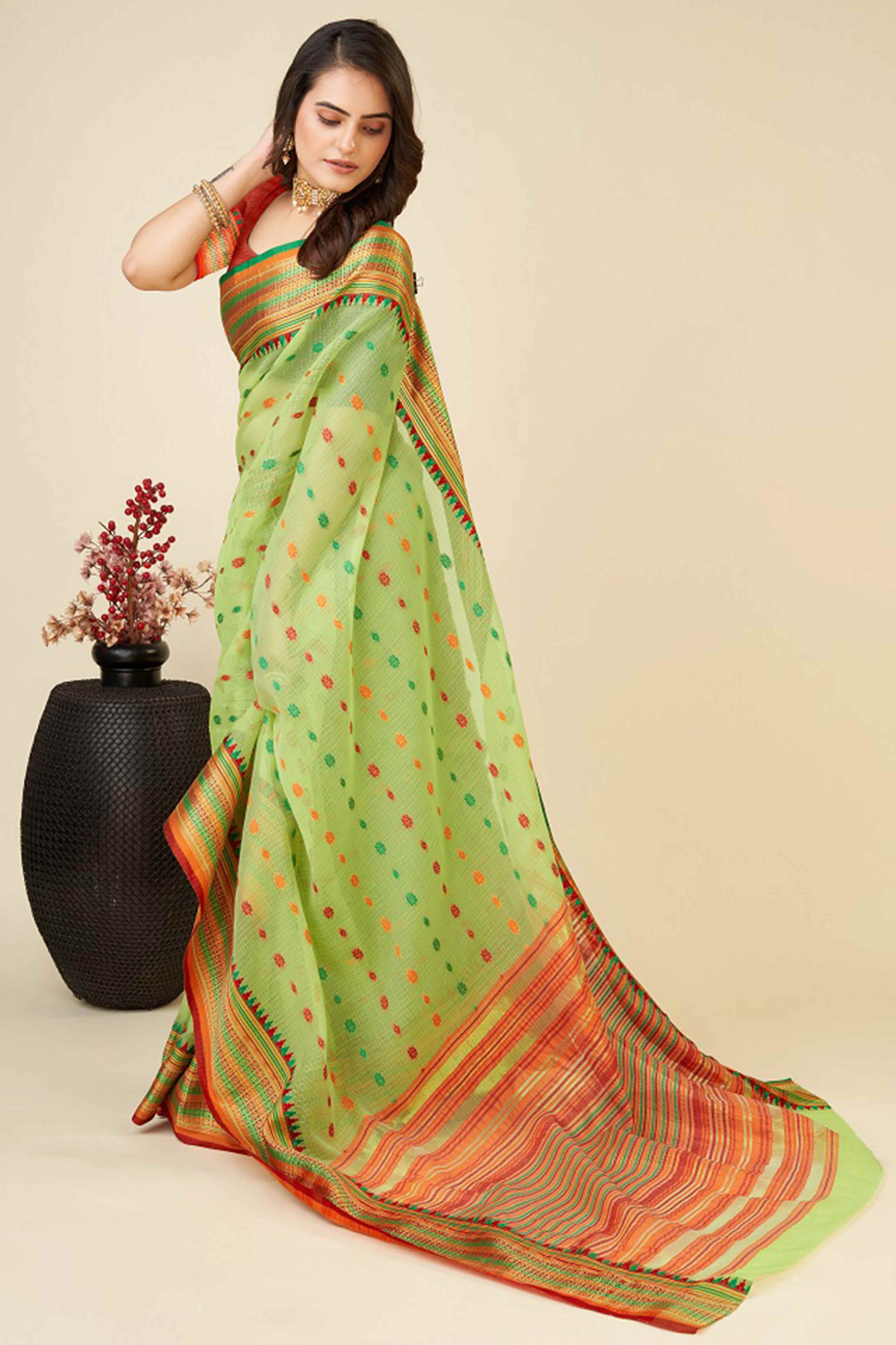 Light Green Zari Weaving Cotton Silk Saree
