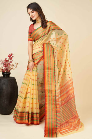 Light Yellow Zari Weaving Cotton Silk Saree