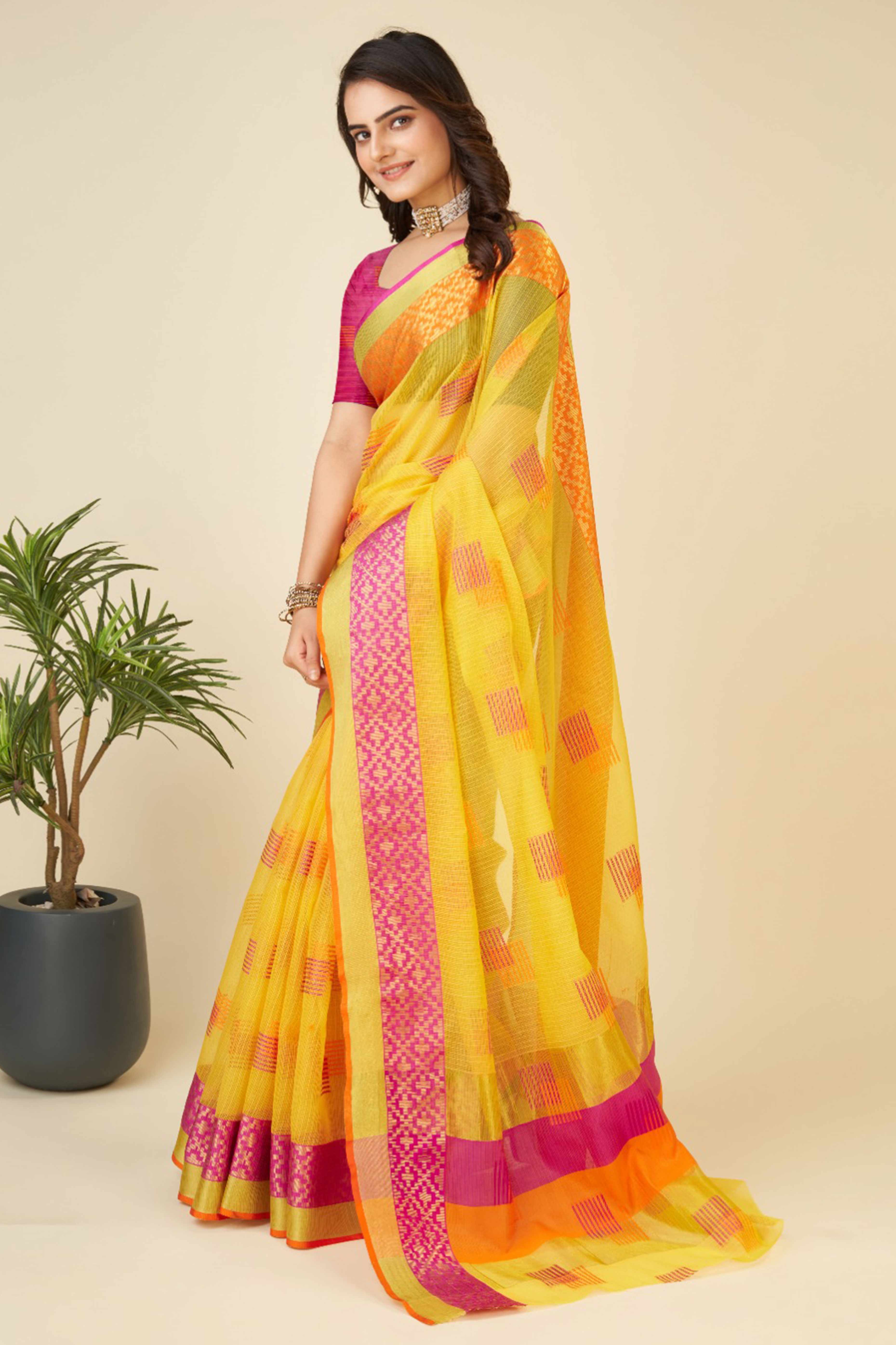 Yellow Zari Weaving Cotton Blend Saree