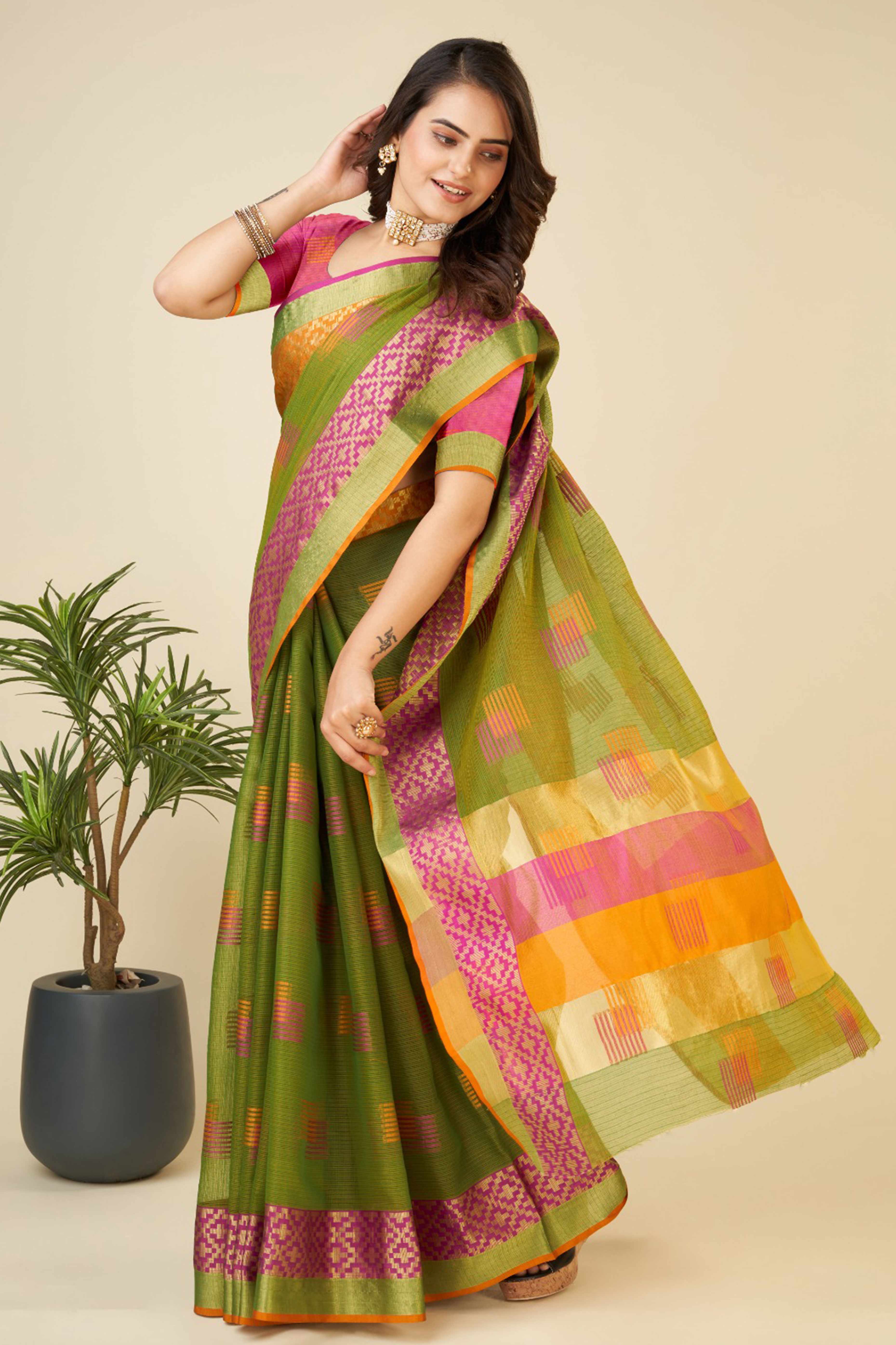 Green Zari Weaving Cotton Blend Saree