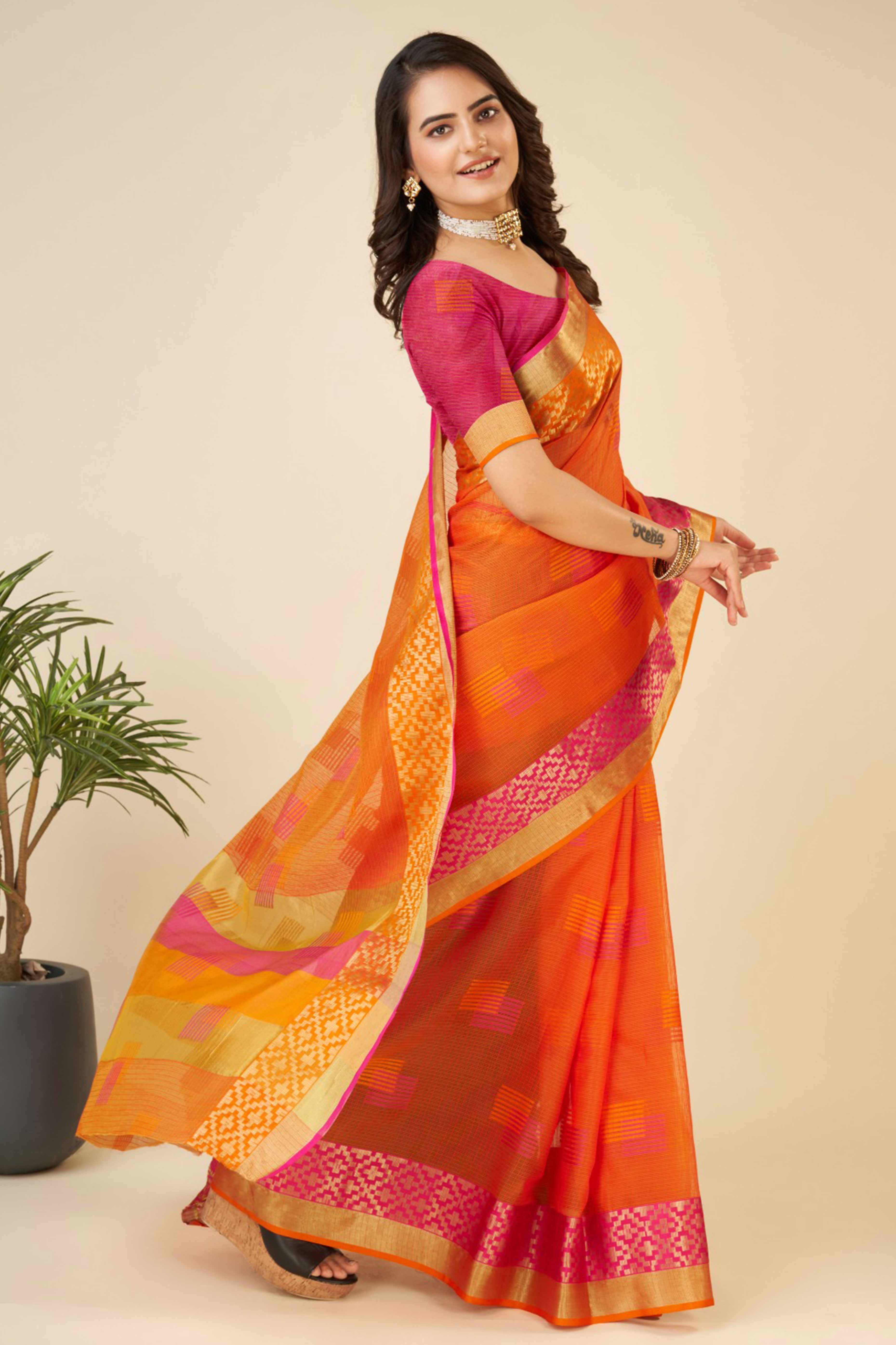 Orange Zari Weaving Cotton Blend Saree