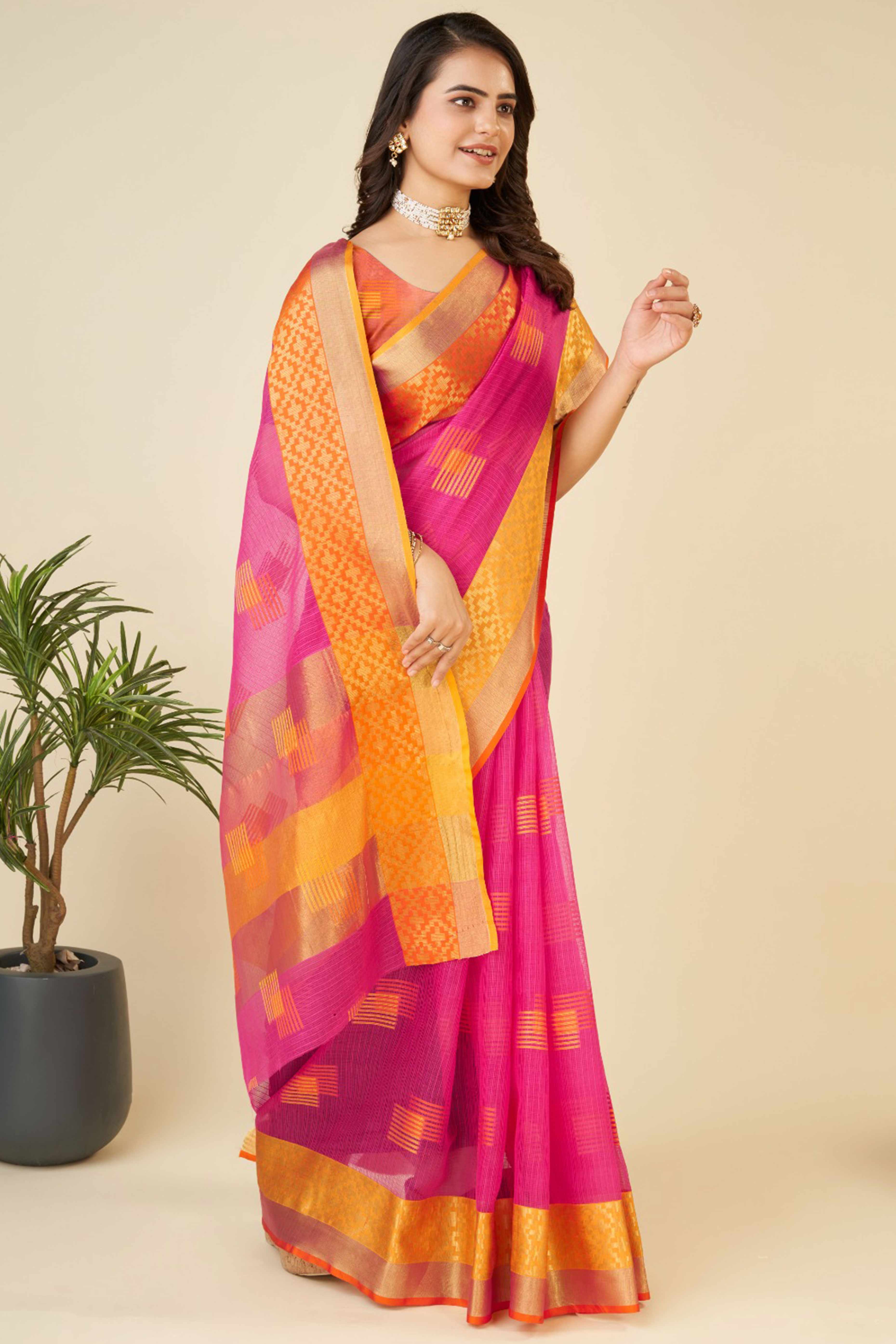 Pink Zari Weaving Cotton Blend Saree