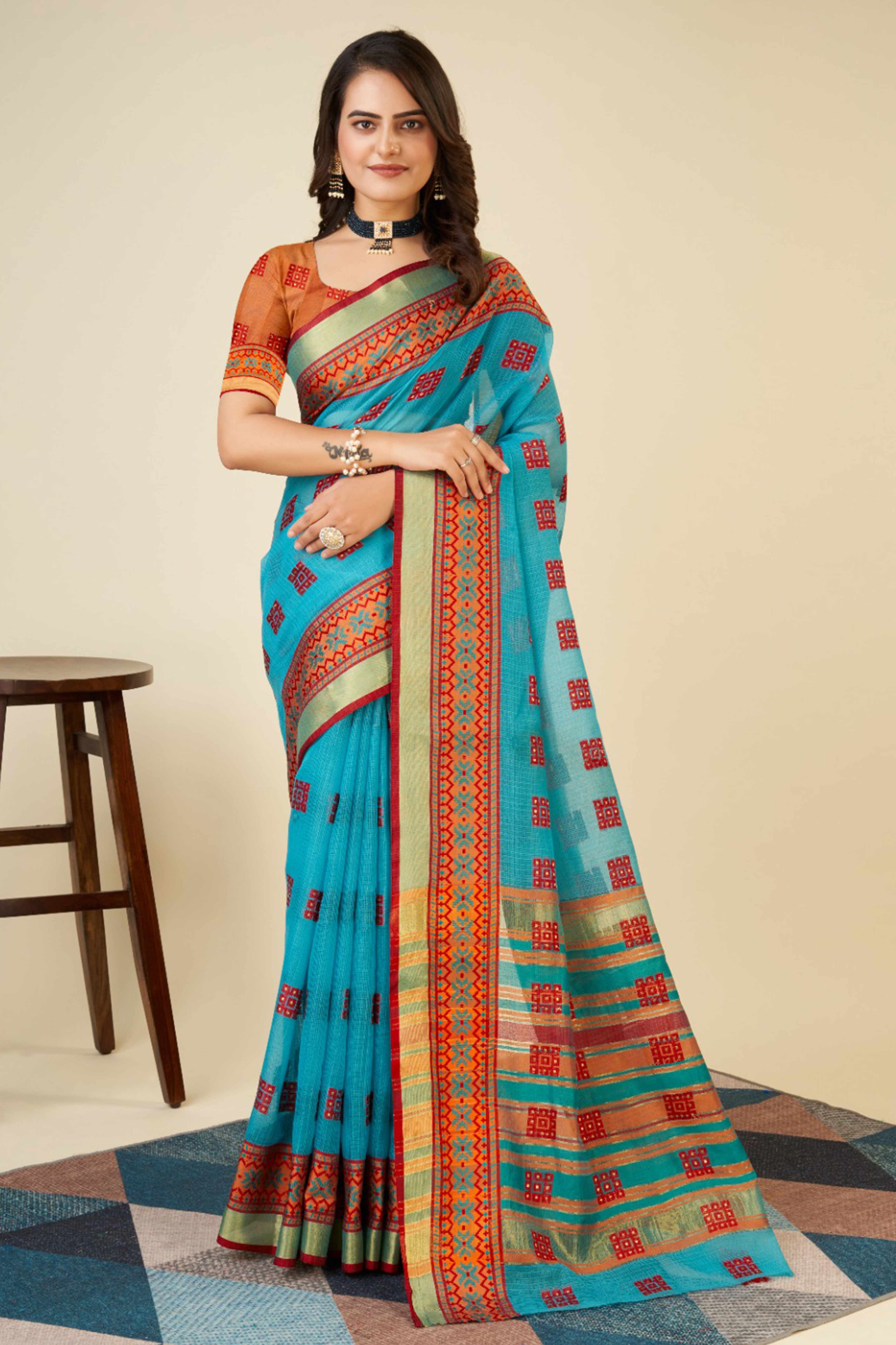 Sky Blue Zari Weaving Cotton Blend Saree