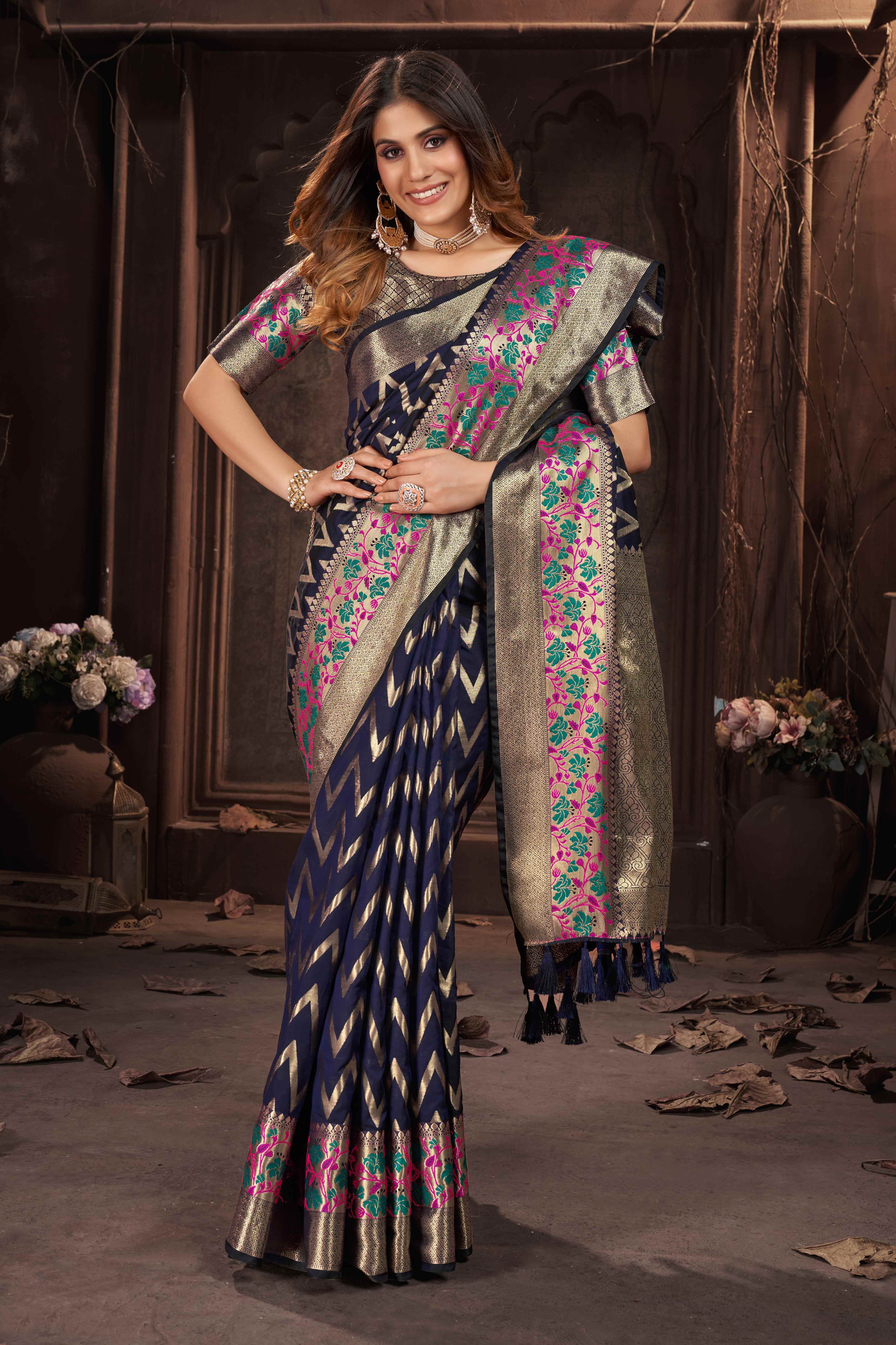 Navy Blue Zari Weaving Banarasi Silk Saree