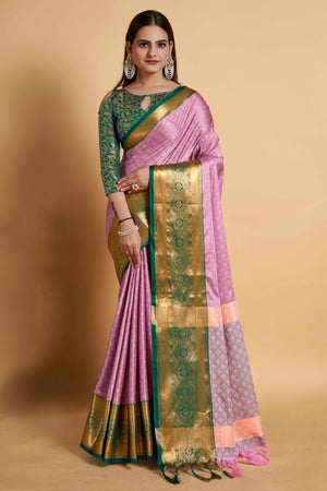 Pink Silk Blend Saree With Exquisite Zari Weaving & Graceful Tassels