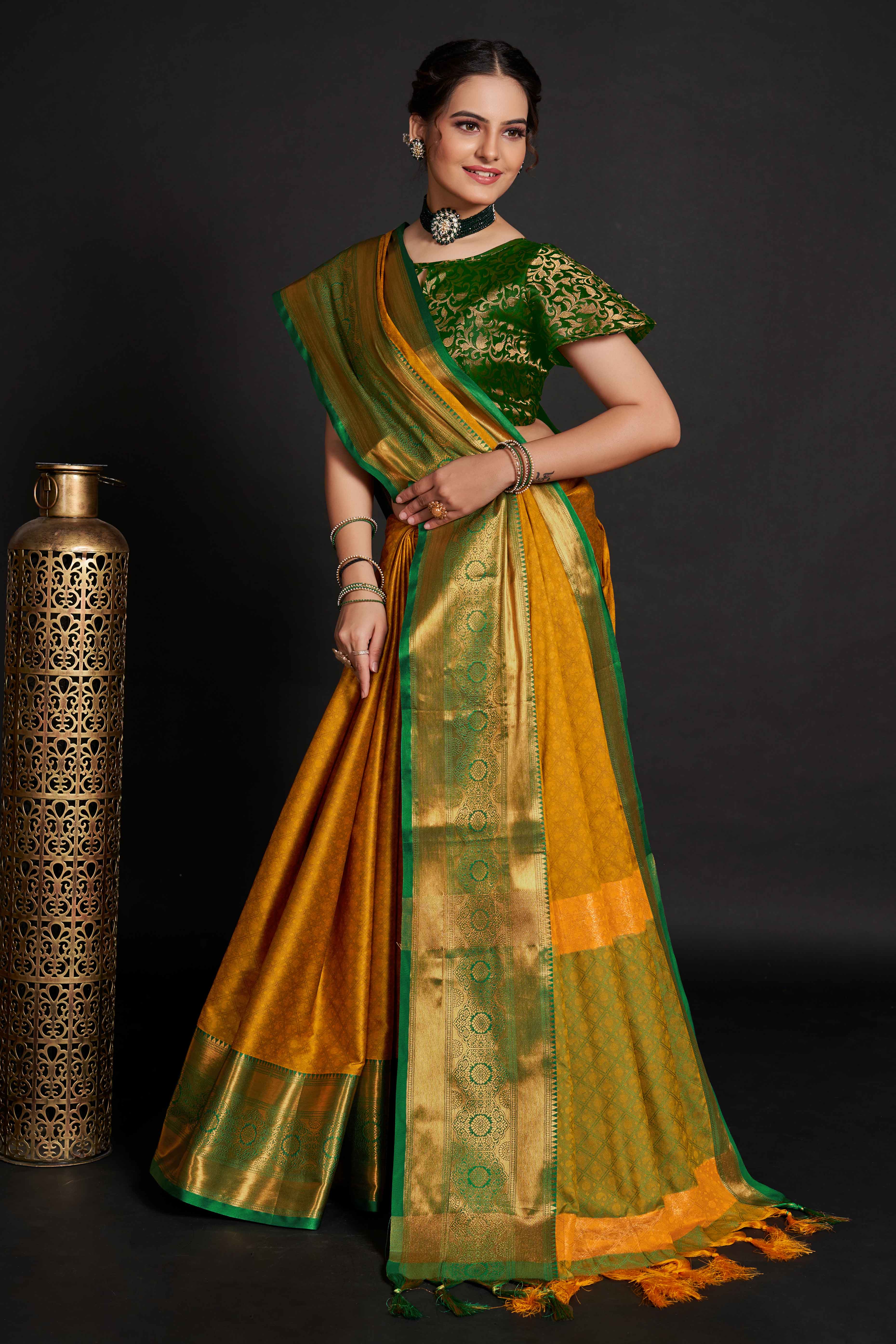 Mustard Silk Blend Saree With Exquisite Zari Weaving & Graceful Tassels