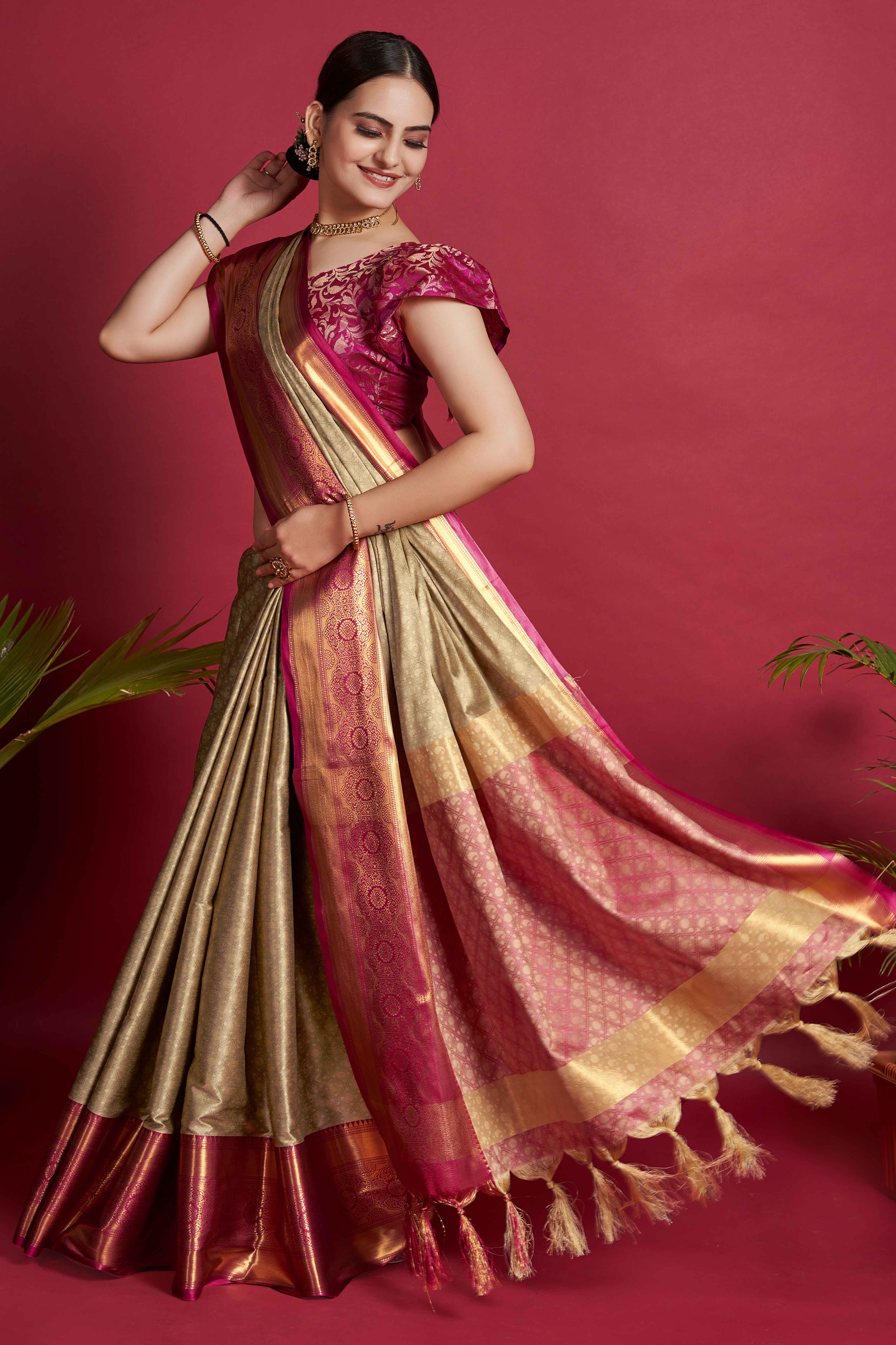 Chikoo Silk Blend Saree With Exquisite Zari Weaving & Graceful Tassels
