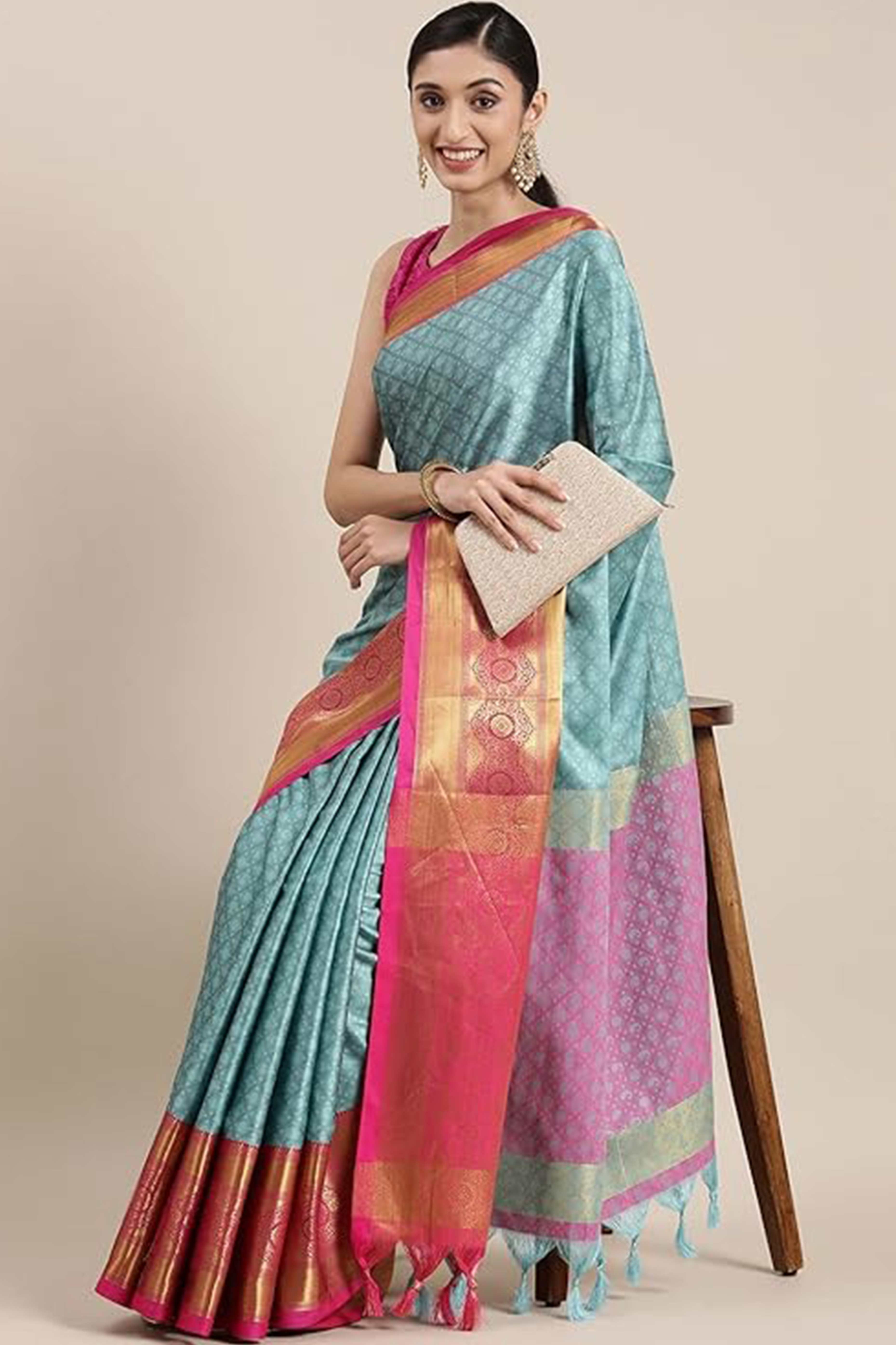 Sky Blue Silk Blend Saree With Exquisite Zari Weaving & Graceful Tassels