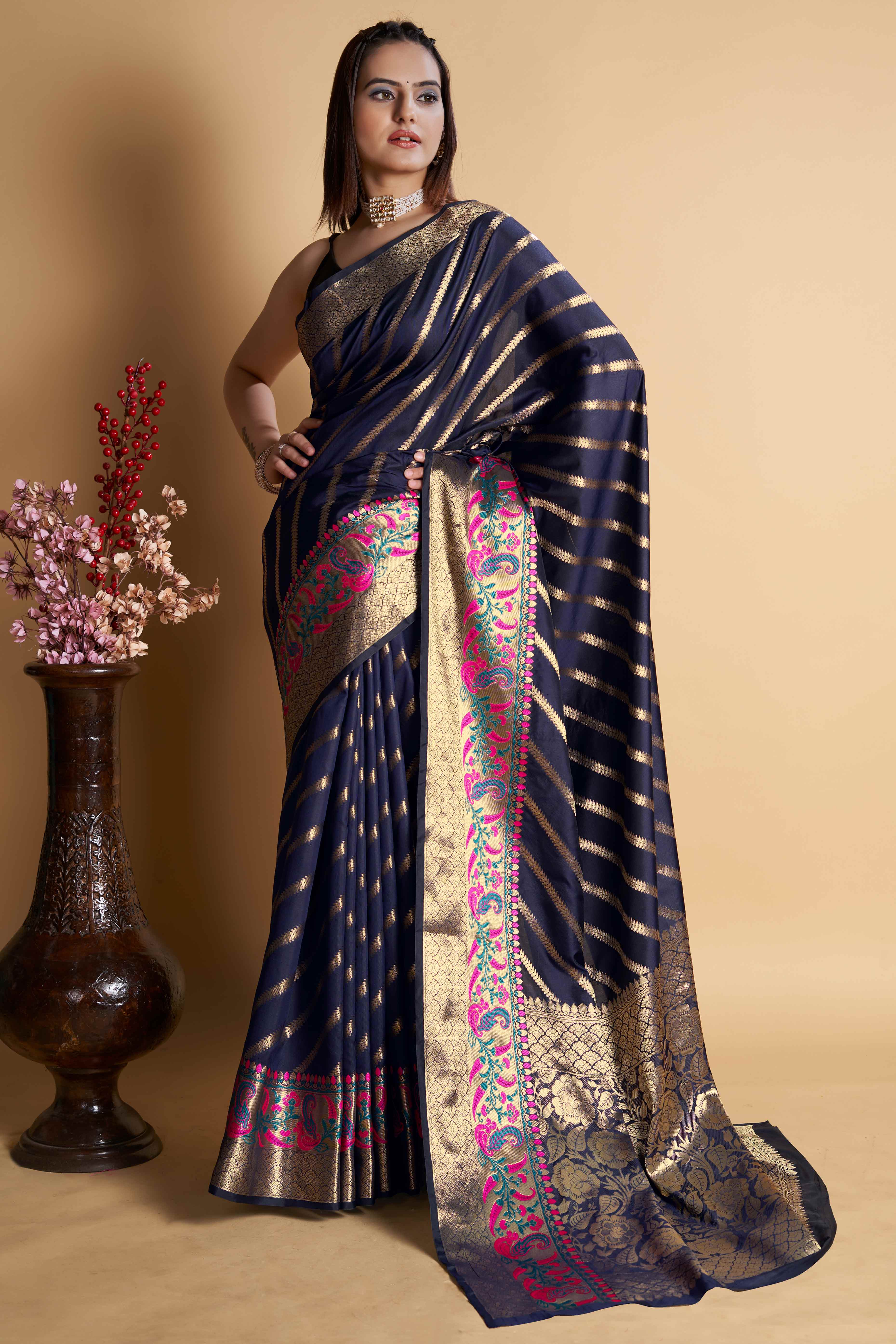 Navy Blue Zari Weaving Banarasi Silk Saree