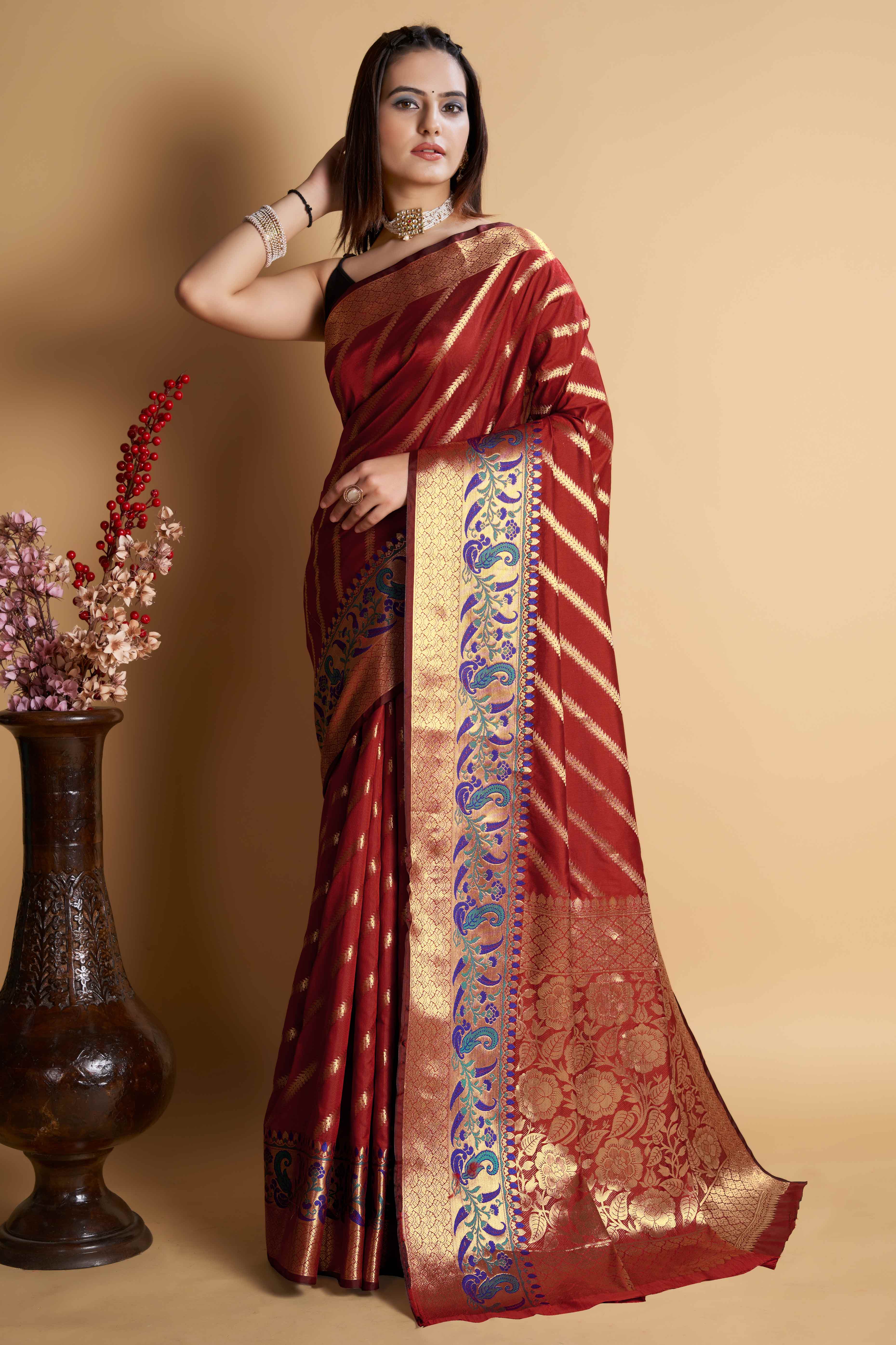 Maroon Zari Weaving Banarasi Silk Saree