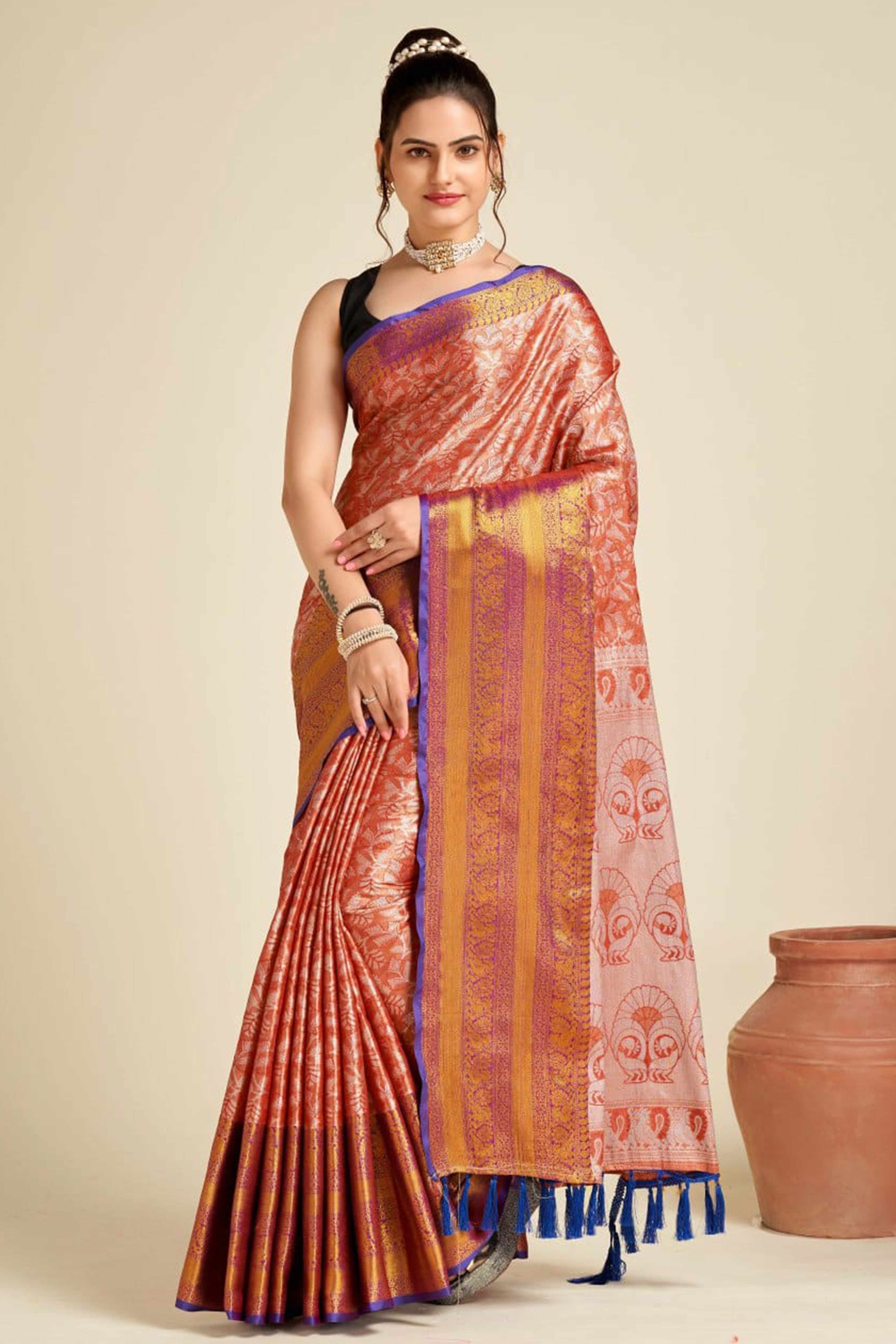 Orange Zari Weaving Banarasi Silk Saree