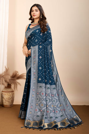 Teal Minakari Weaving Pure Silk Saree