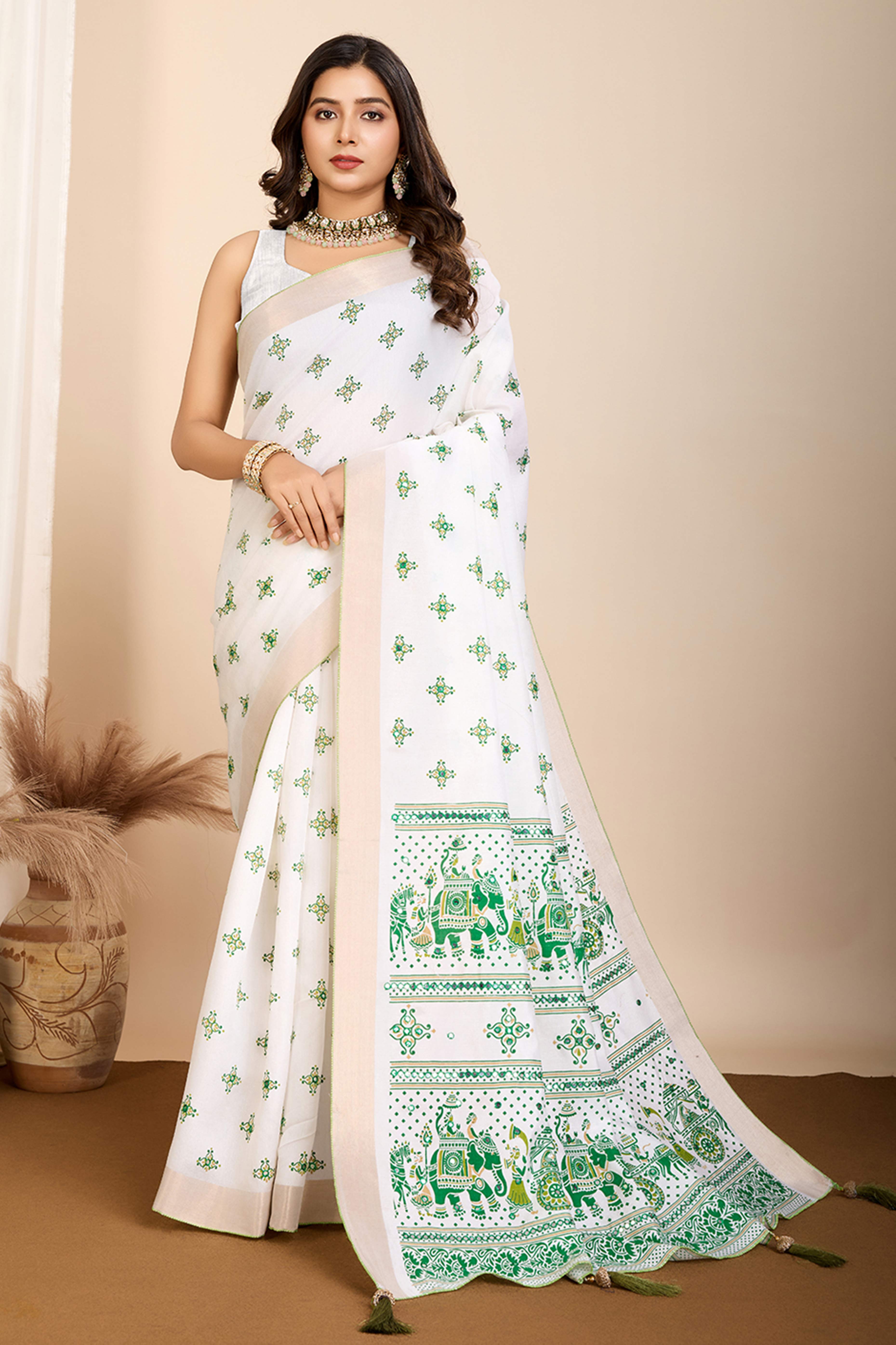 Off White Mirror Work Printed Cotton Silk Saree