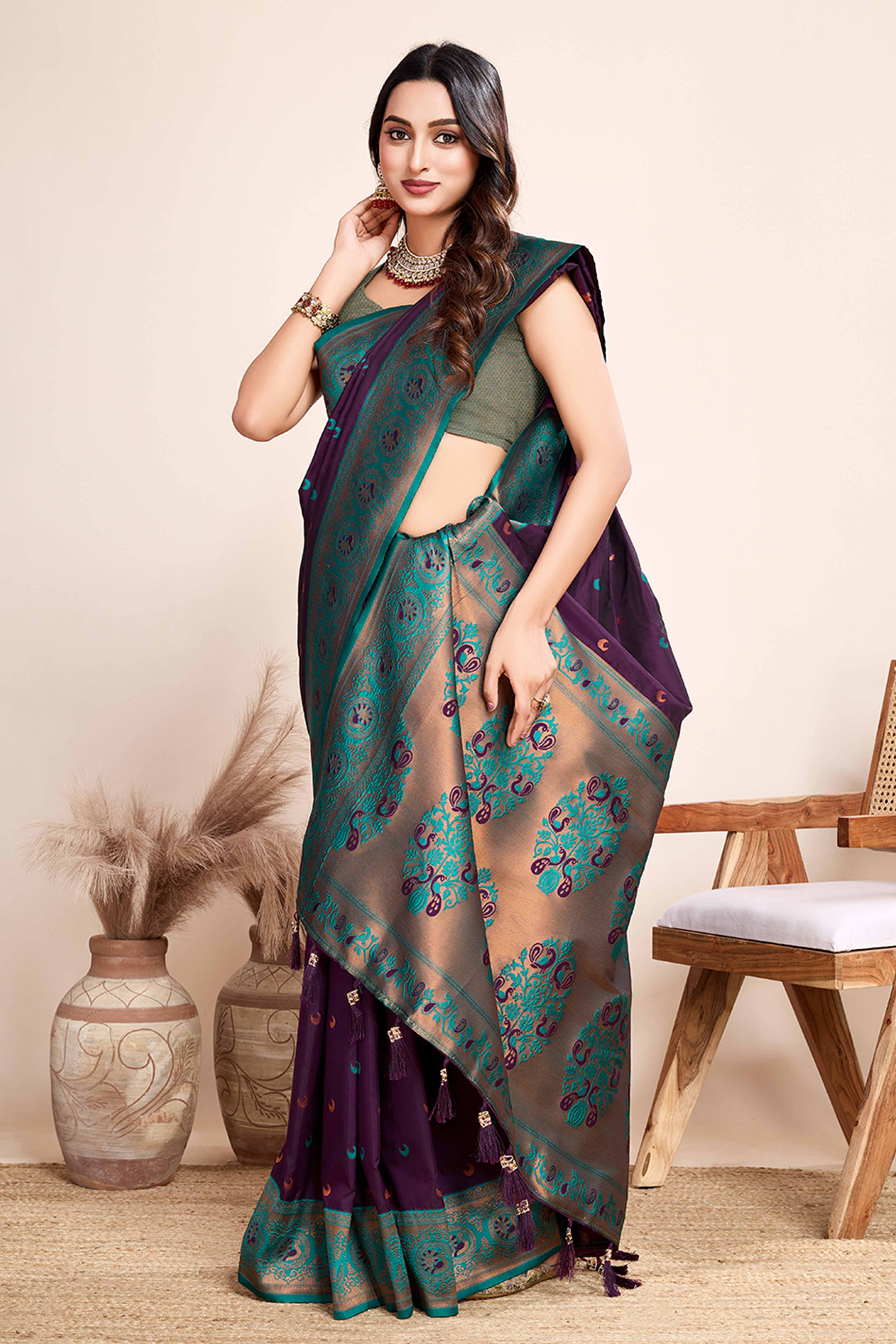 Wine Zari Weaving Banarasi Silk Saree