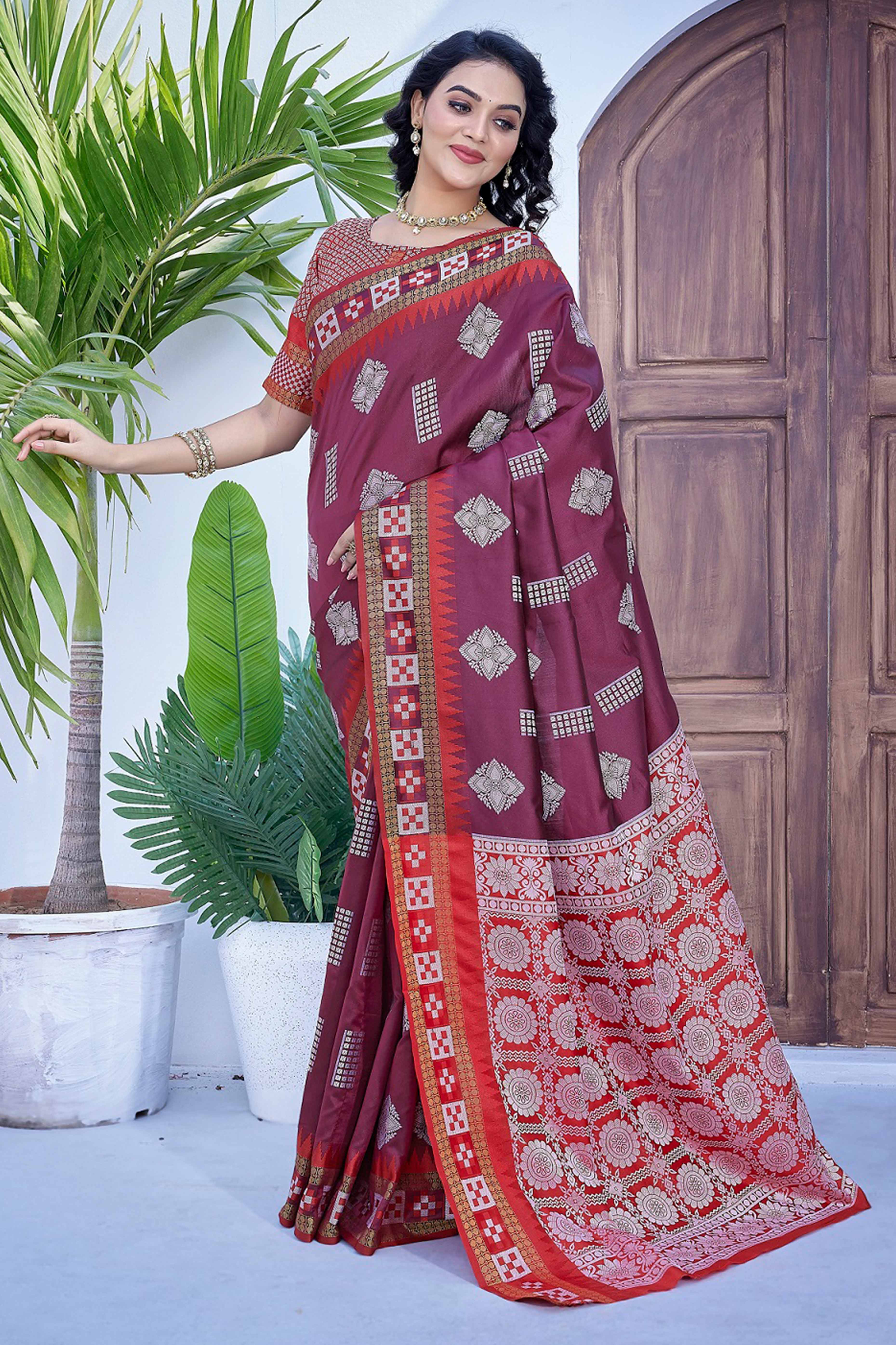 Wine Zari Weaving Cotton Silk Saree