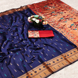 Navy Blue Woven Pure Silk Paithani Saree