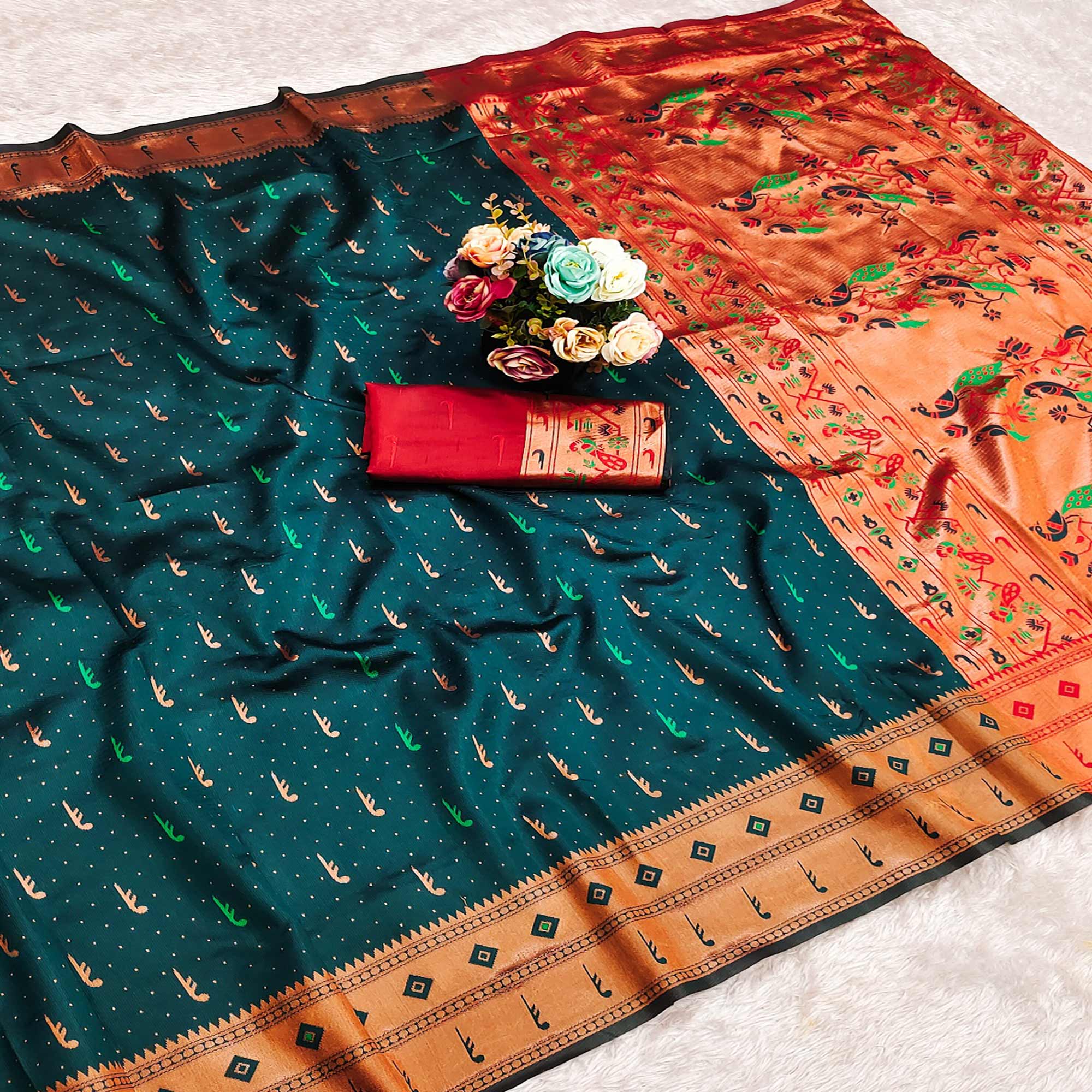 Morpich Green Woven Pure Silk Paithani Saree