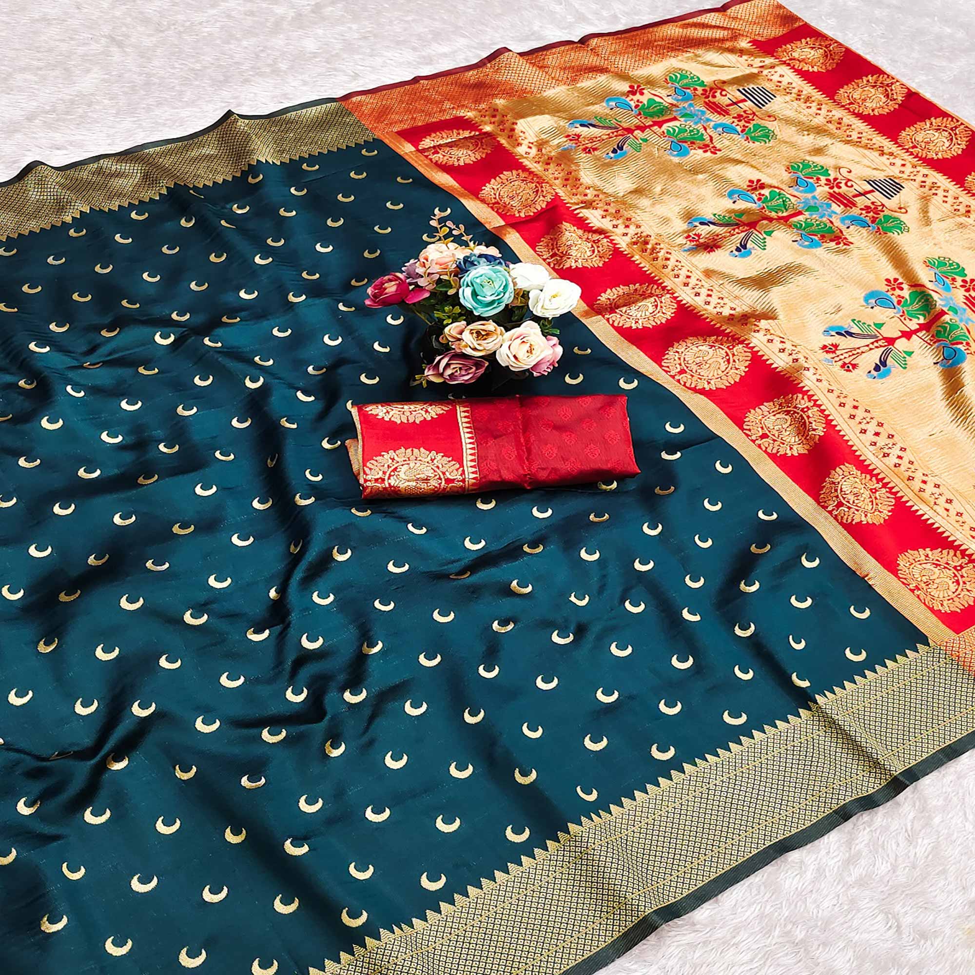 Dark Teal Blue Woven Pure Silk Chandrakor Paithani Saree