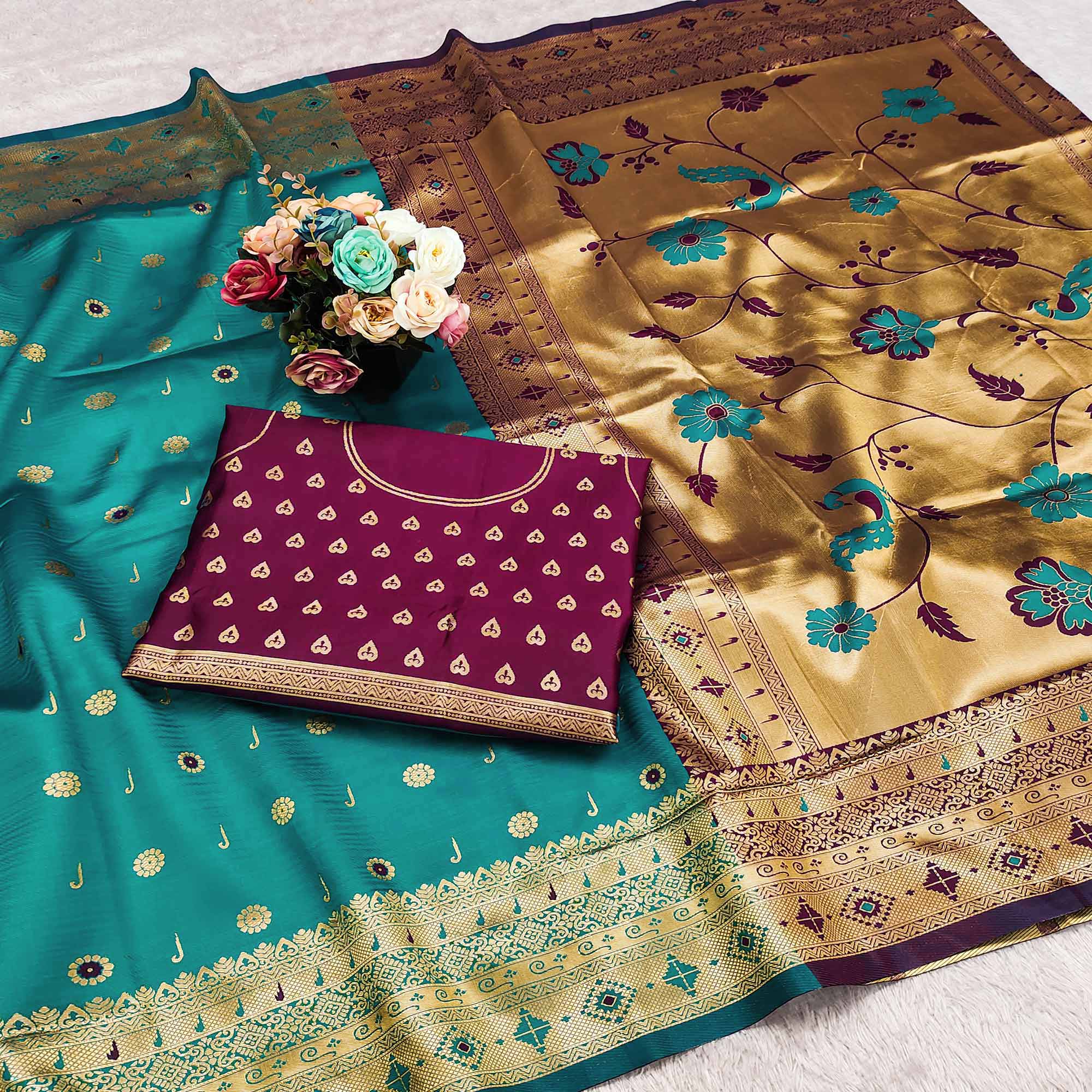 Rama Blue Pure Silk Paithani Saree With Intricate Floral Zari Weaving