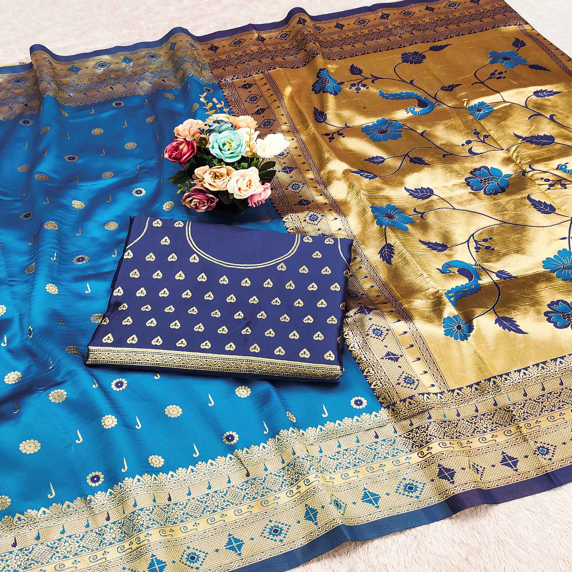 Blue Pure Silk Paithani Saree With Intricate Floral Zari Weaving