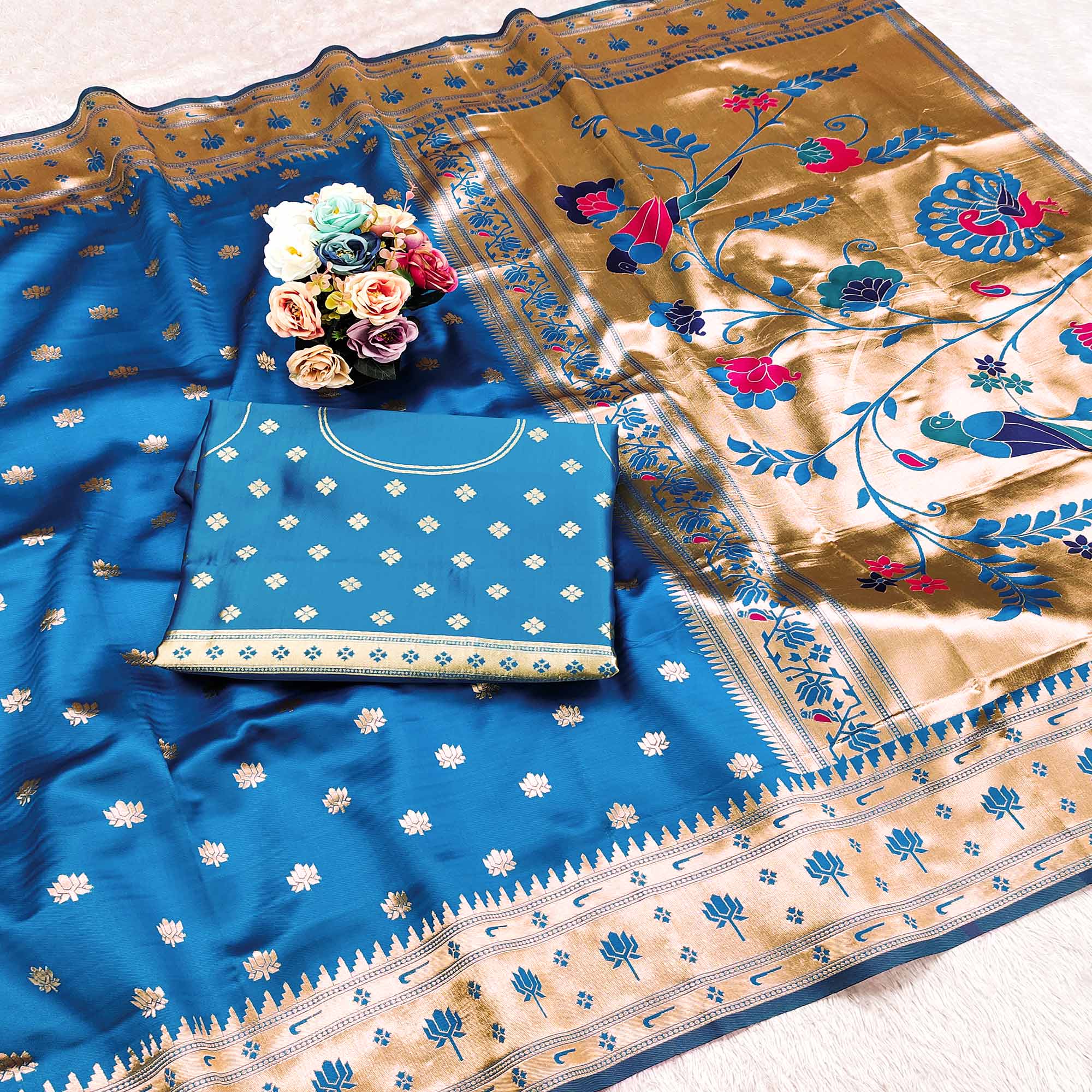 Blue Pure Silk Paithani Saree With Elegant Floral Zari Weaving