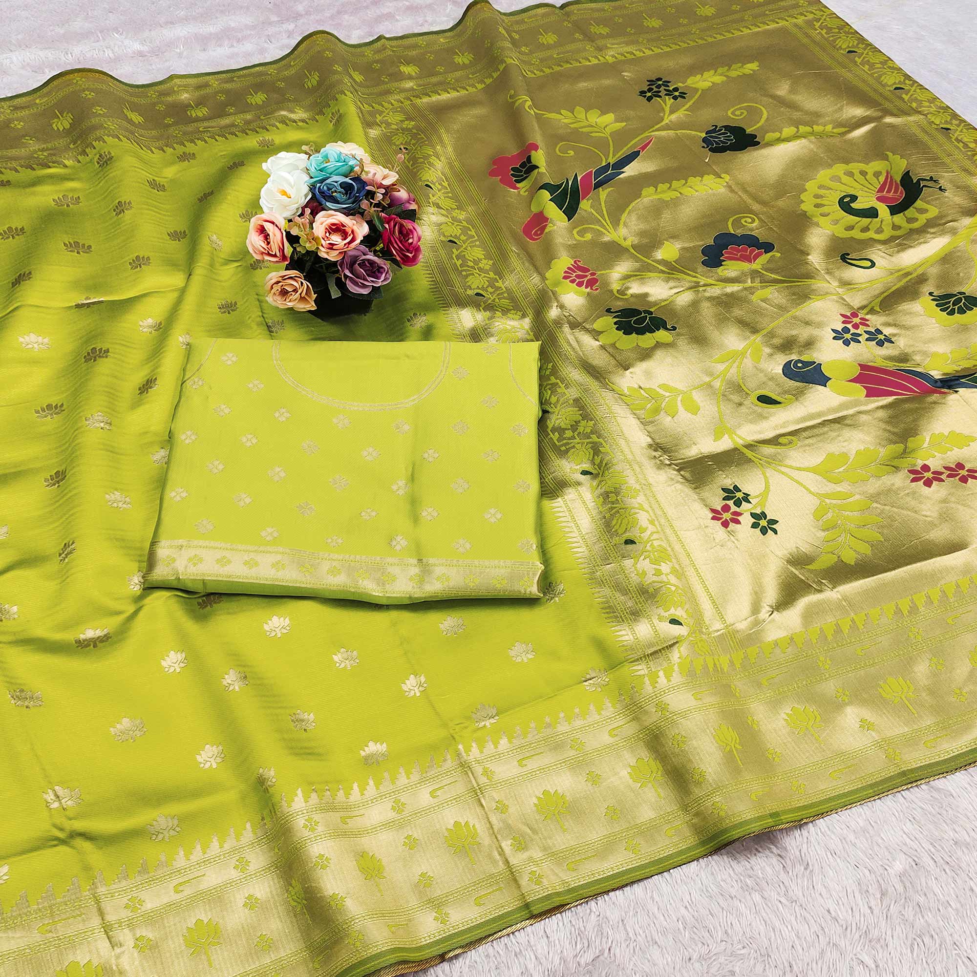 Lemon Green Pure Silk Paithani Saree With Elegant Floral Zari Weaving