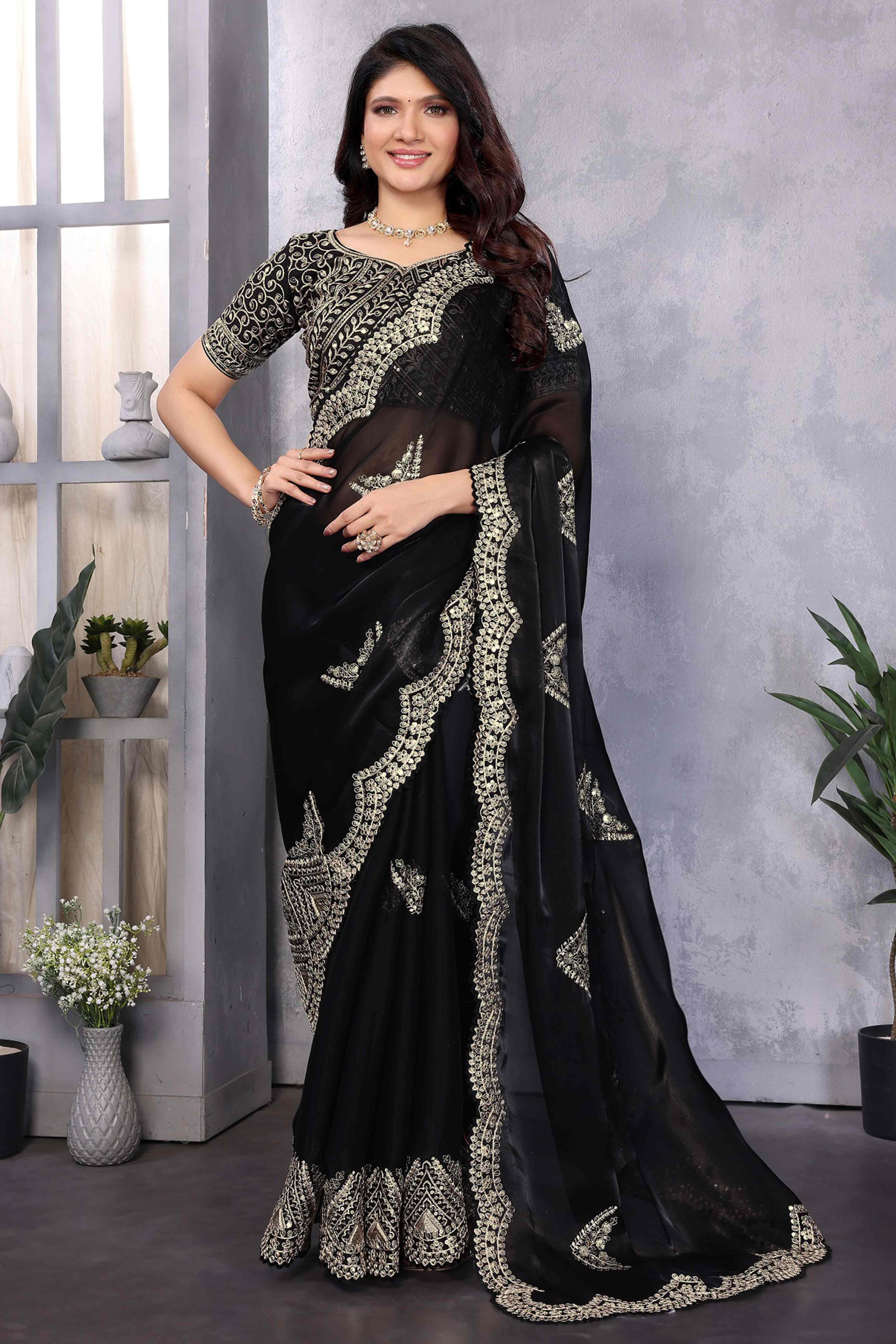 Black Floral Sequins Embroidered Shimmer Chiffon Saree