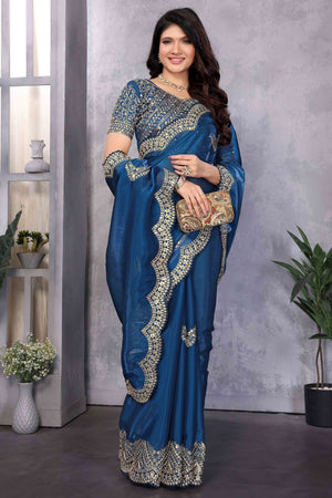 Blue Floral Sequins Embroidered Shimmer Chiffon Saree