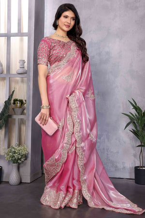 Baby Pink Floral Sequins Embroidered Shimmer Chiffon Saree