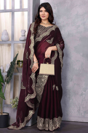 Dark Wine Floral Sequins Embroidered Shimmer Chiffon Saree