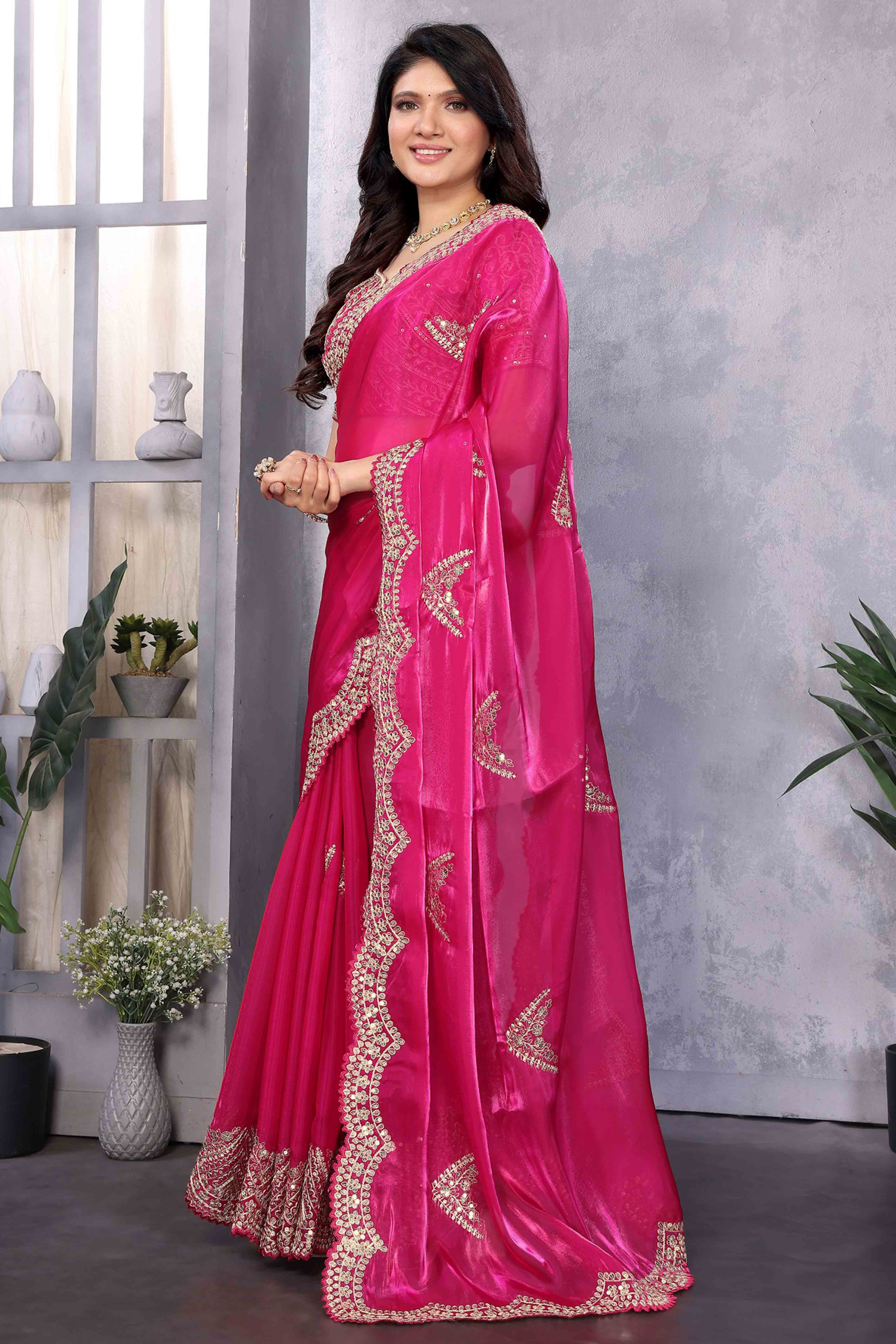 Rani Pink Floral Sequins Embroidered Shimmer Chiffon Saree