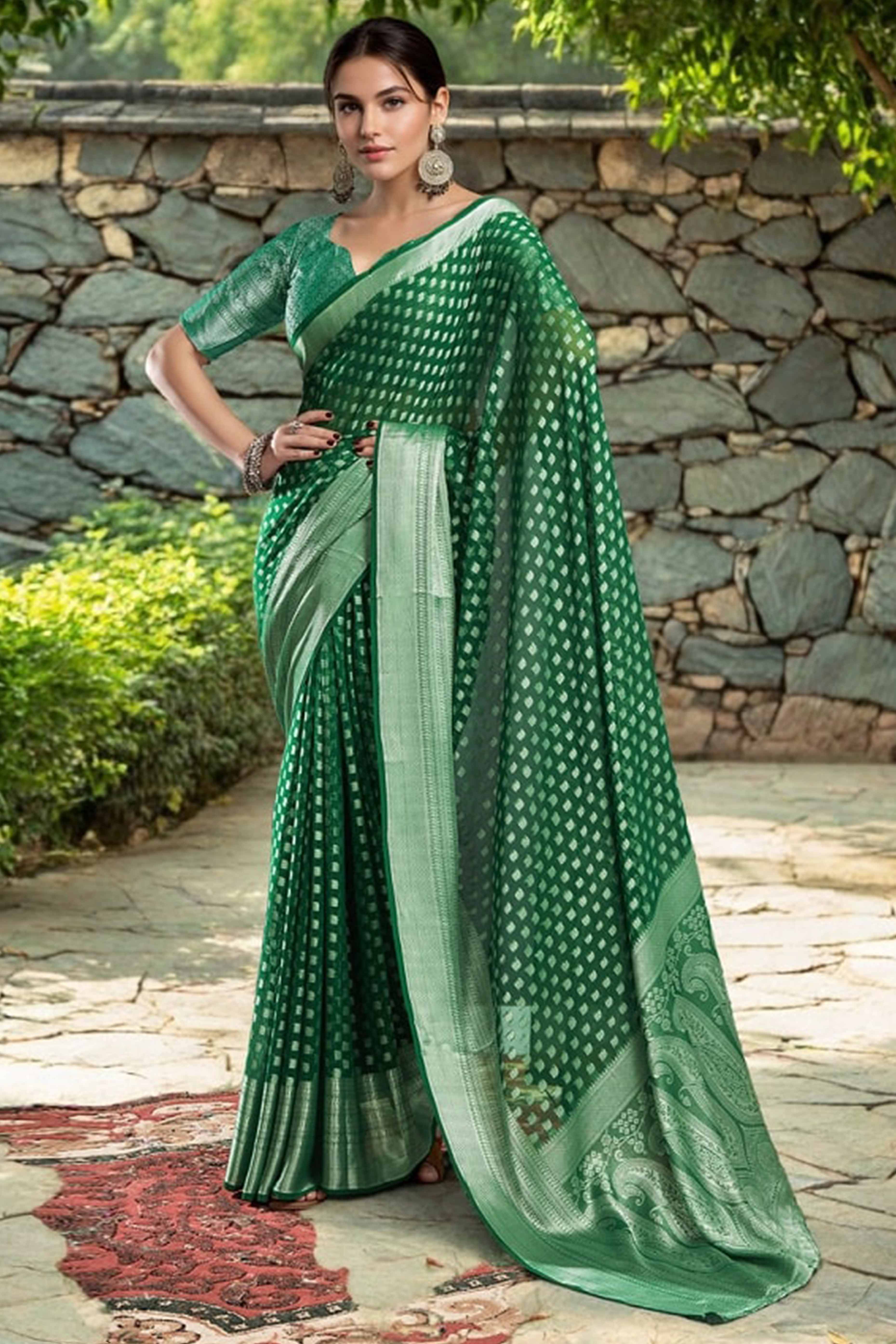 Green Weaving Jacquard Georgette Saree Featuring Ornamental Pallu Design
