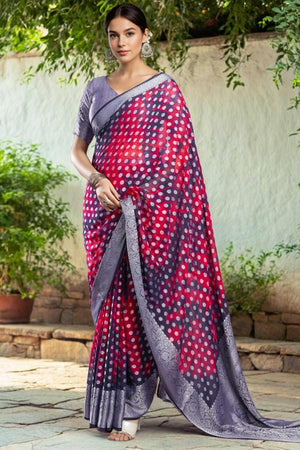 Blue & Pink Weaving Jacquard Georgette Saree Featuring Ornamental Pallu Design