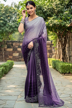 Purple Rangoli Dola Silk Saree Adorned With Gleaming Swarovski Work & Classic Floral Border