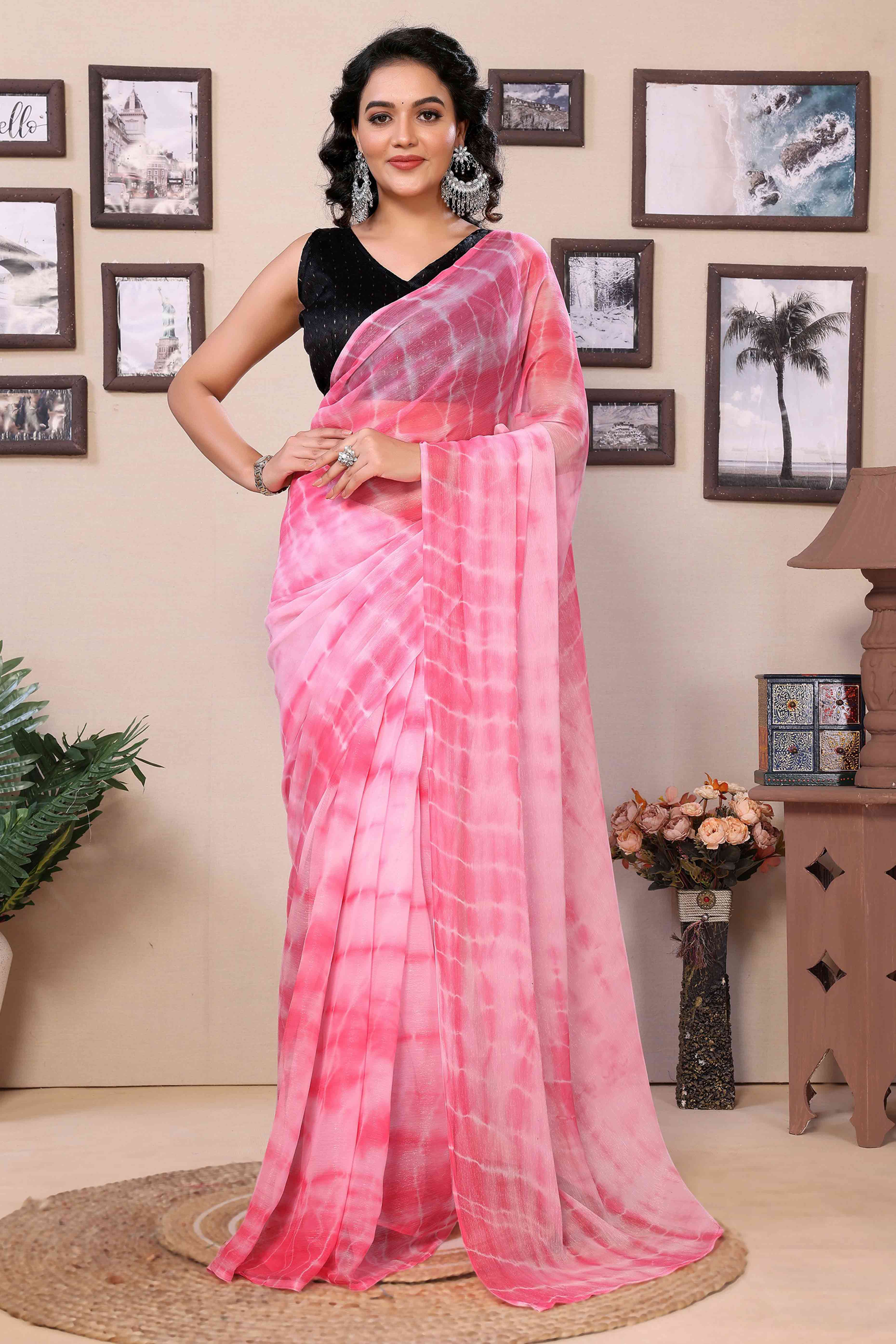 Pink Shibori Printed Georgette Ready To Wear Saree