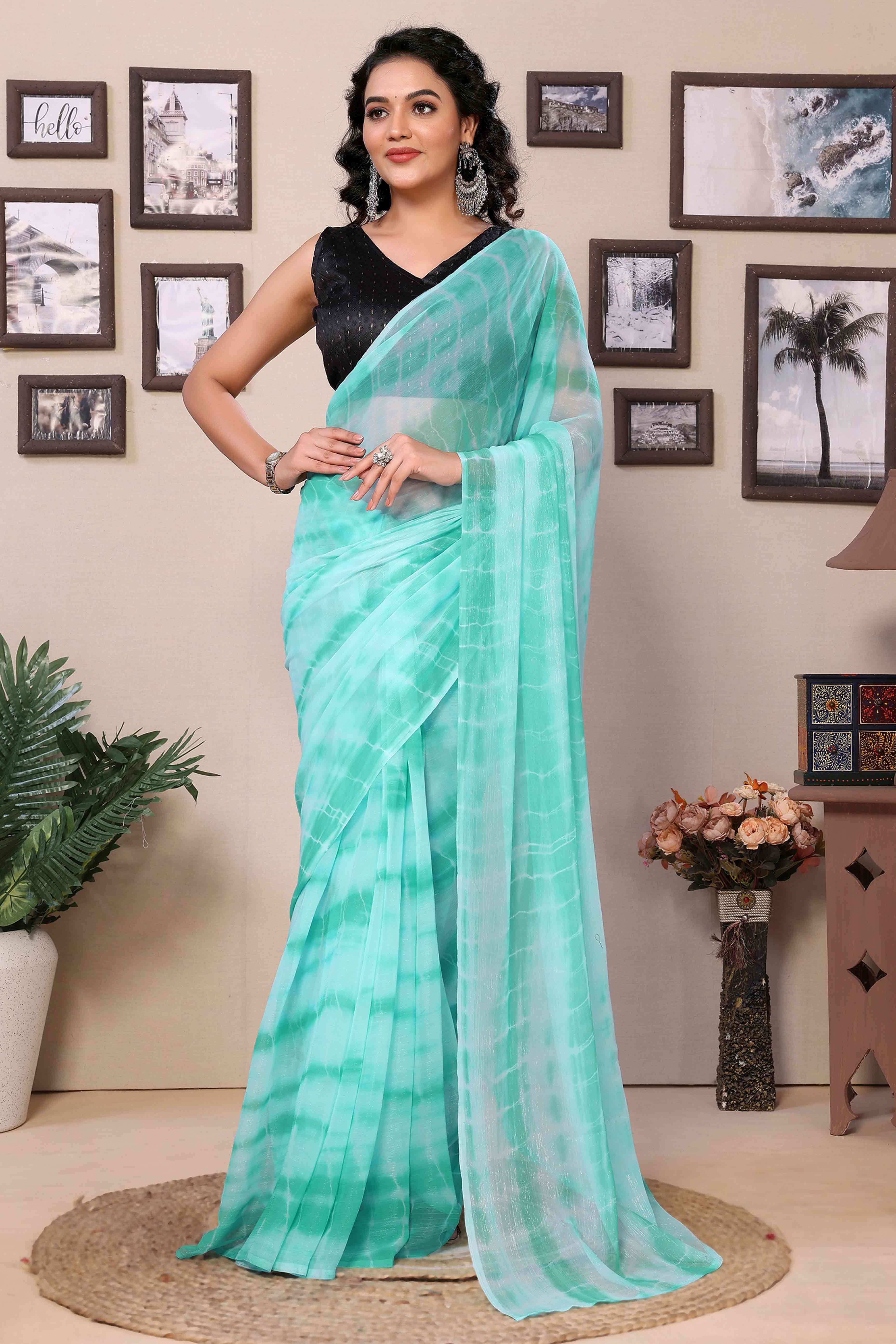 Aqua Blue Shibori Printed Georgette Ready To Wear Saree