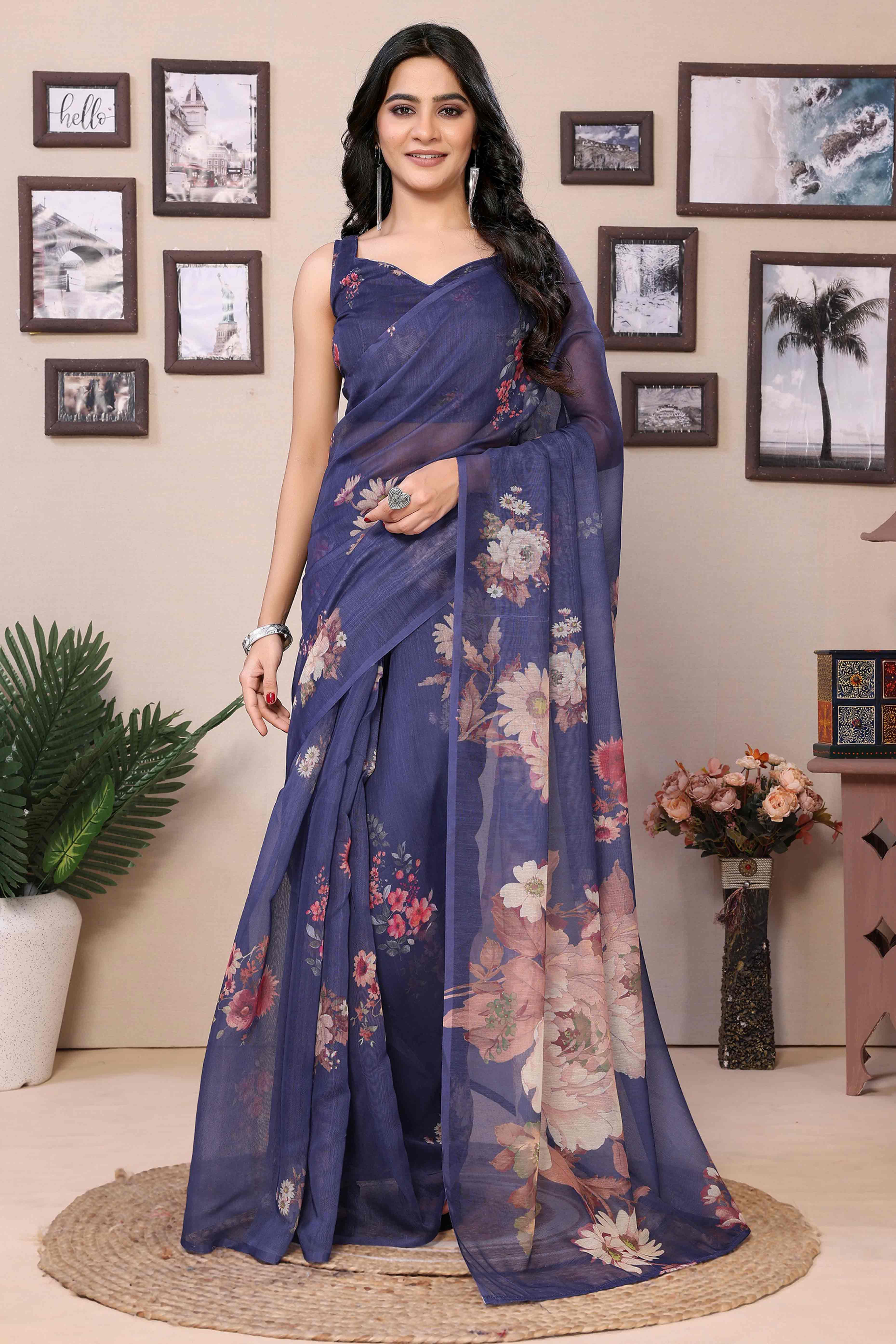 Blue Digital Printed Cotton Blend Ready To Wear Saree