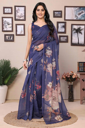 Blue Digital Printed Cotton Blend Ready To Wear Saree
