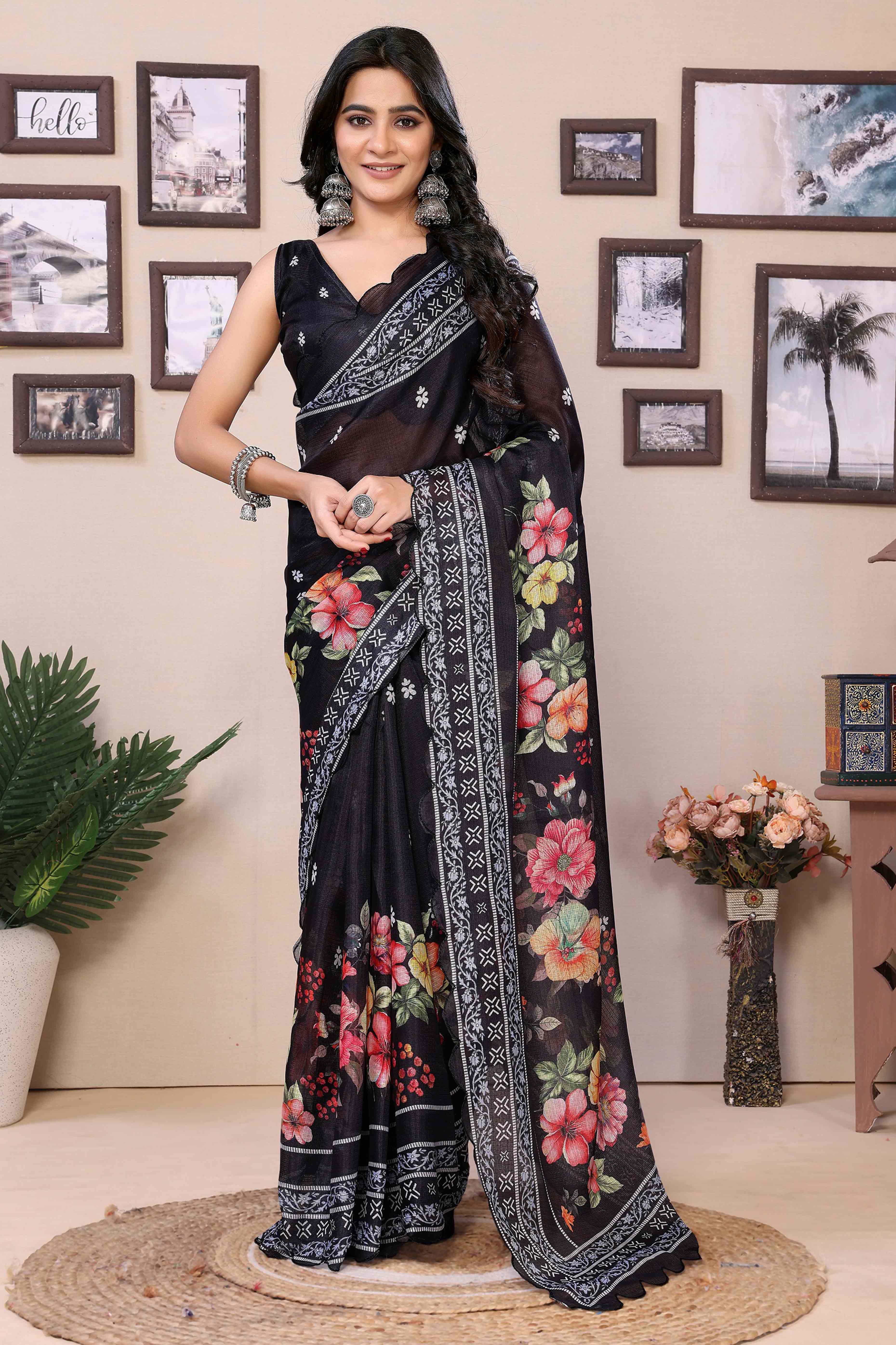 Black Floral Digital Printed Kota Doria Ready To Wear Saree