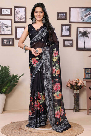 Black Floral Digital Printed Kota Doria Ready To Wear Saree