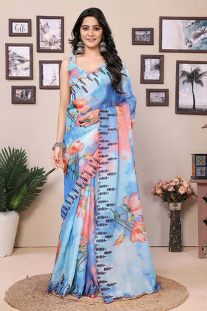 Blue Floral Digital Printed Kota Doria Ready To Wear Saree